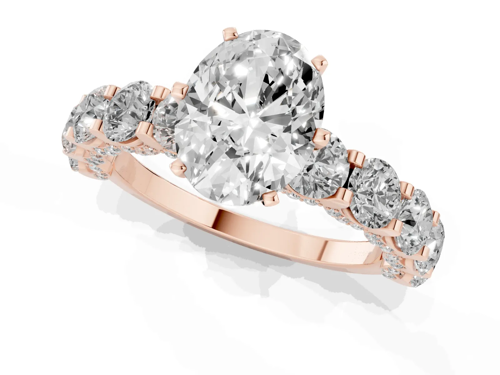 Oval Cut Diamond Side Stone Engagement Ring with Four-Prong Setting Rose gold