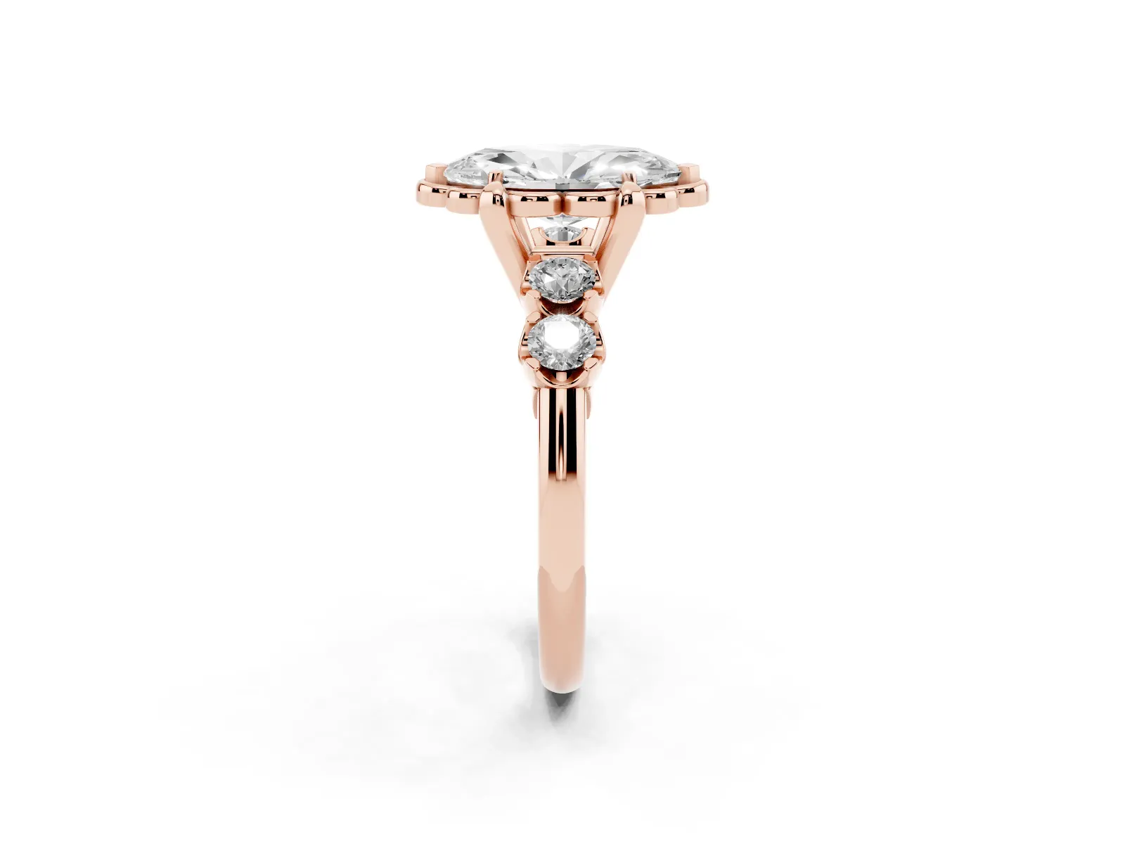 Marquise Cut Cut Diamond Floral Halo Engagement Ring with Shared Prong Setting Rose gold