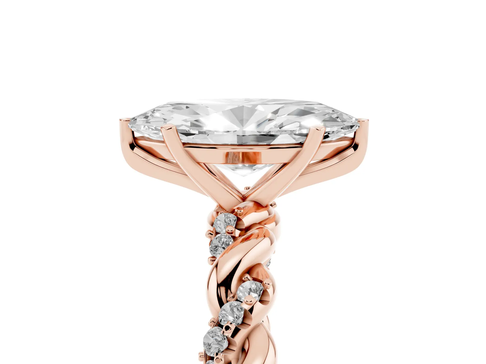 Marquise Cut Diamond Solitaire Ring with Twisted Band and Pavé Accents Rose gold