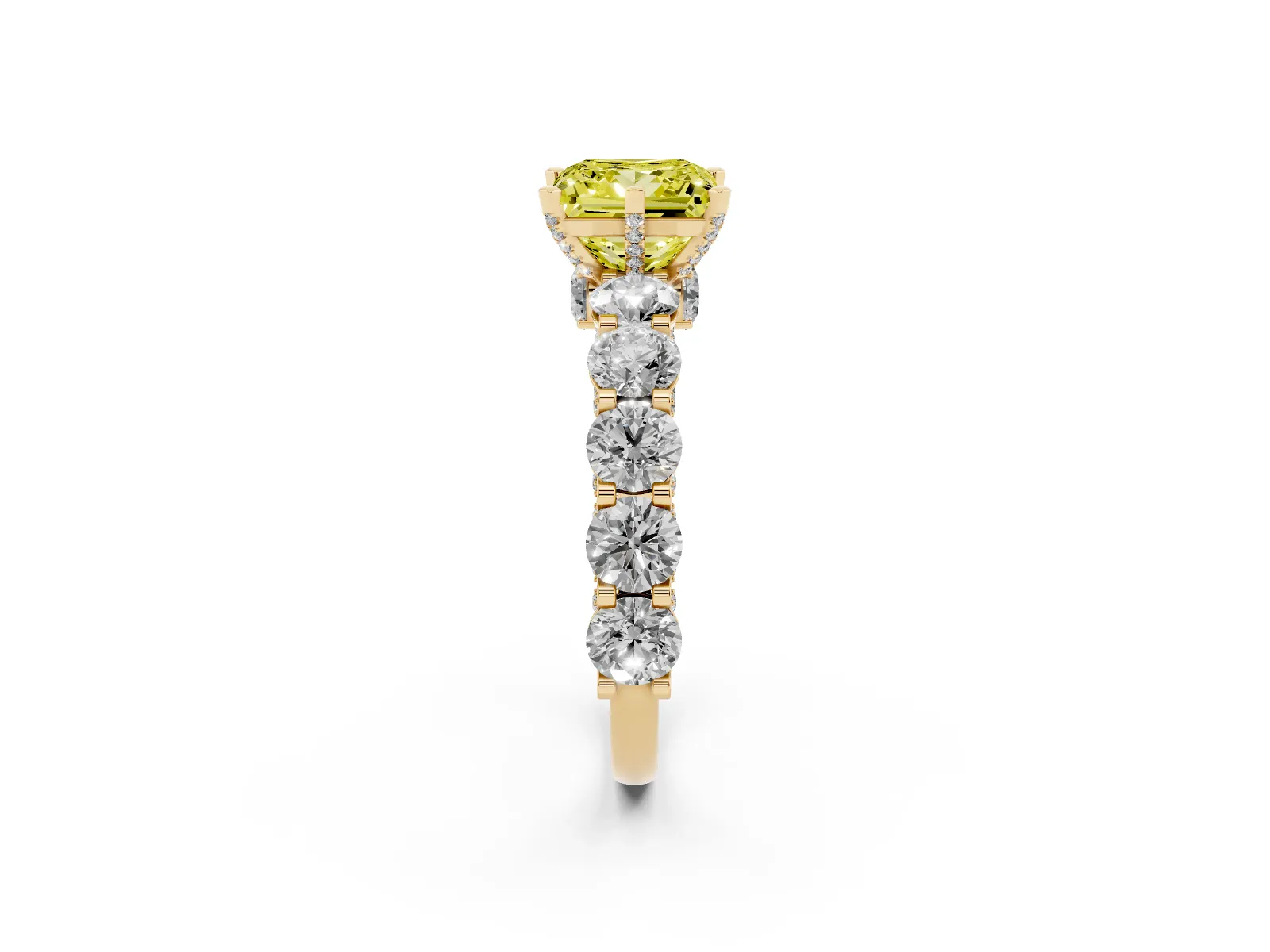 Fancy Yellow Princess Cut Diamond Side Stone Engagement Ring with Four-Prong Setting Yellow gold