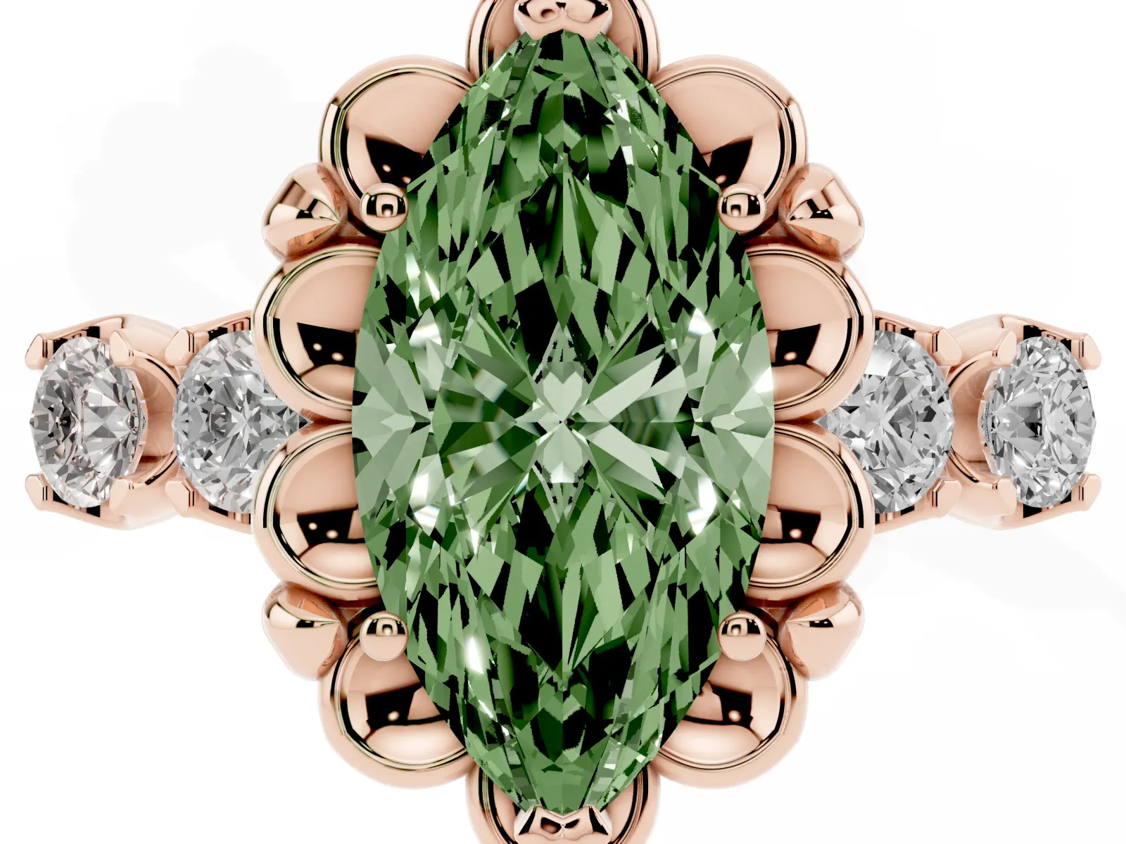 Fancy Green Marquise Cut Cut Diamond Floral Halo Engagement Ring with Shared Prong Setting Rose gold