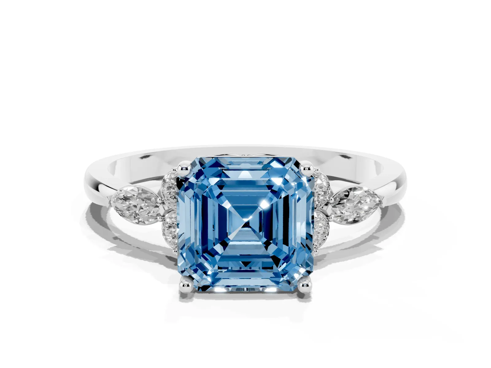 Fancy Blue Asscher Cut Brilliant Diamond Solitaire Ring with Pear Side Stones and Four-Prong Setting Platinum
