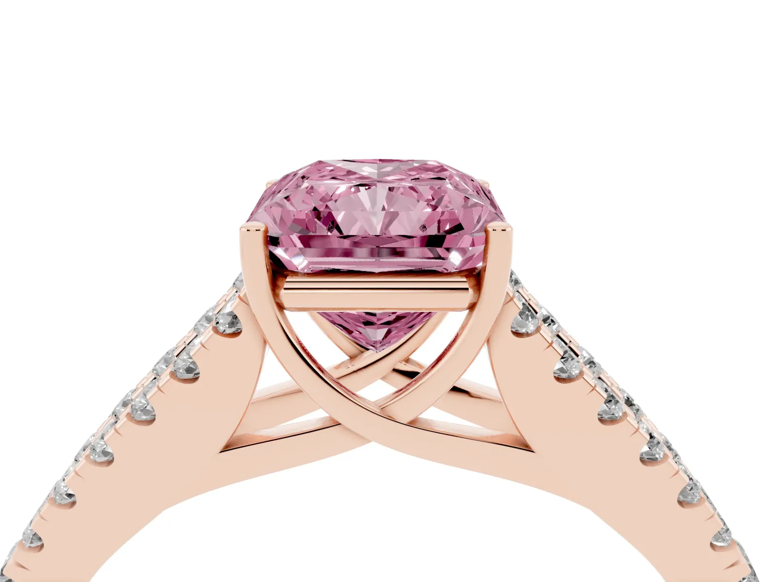 Fancy Pink Radiant Cut Diamond Split Shank Engagement Ring with Round Pavé and Prong Setting Rose gold