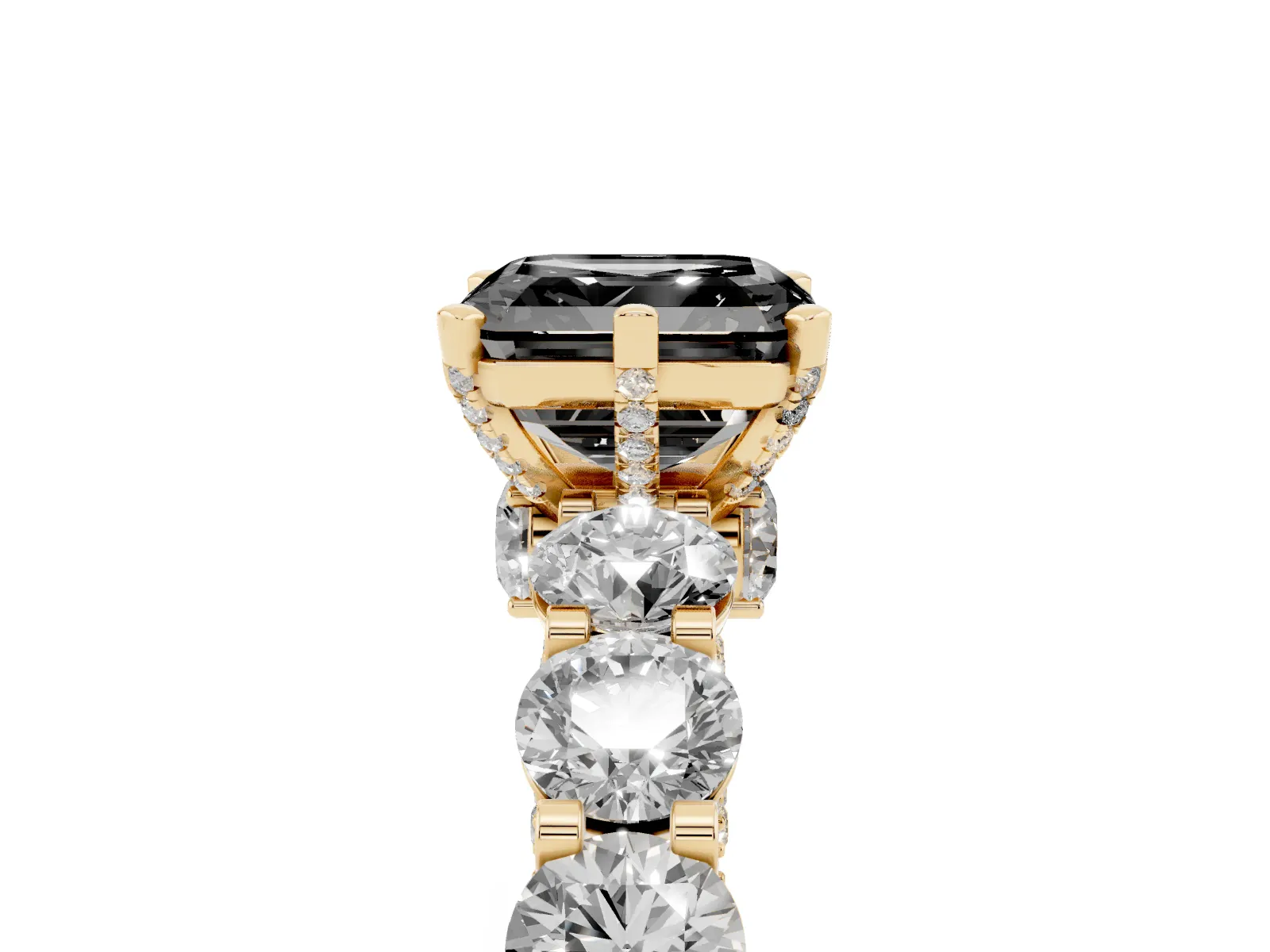 Fancy Black Asscher Cut Diamond Side Stone Engagement Ring with Four-Prong Setting Yellow gold
