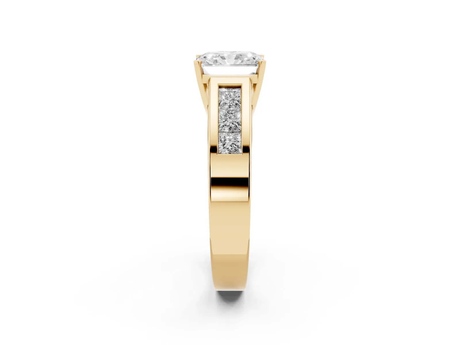 Radiant Cut Cut Channel Set Solitaire Ring with Four-Prong Setting Yellow gold