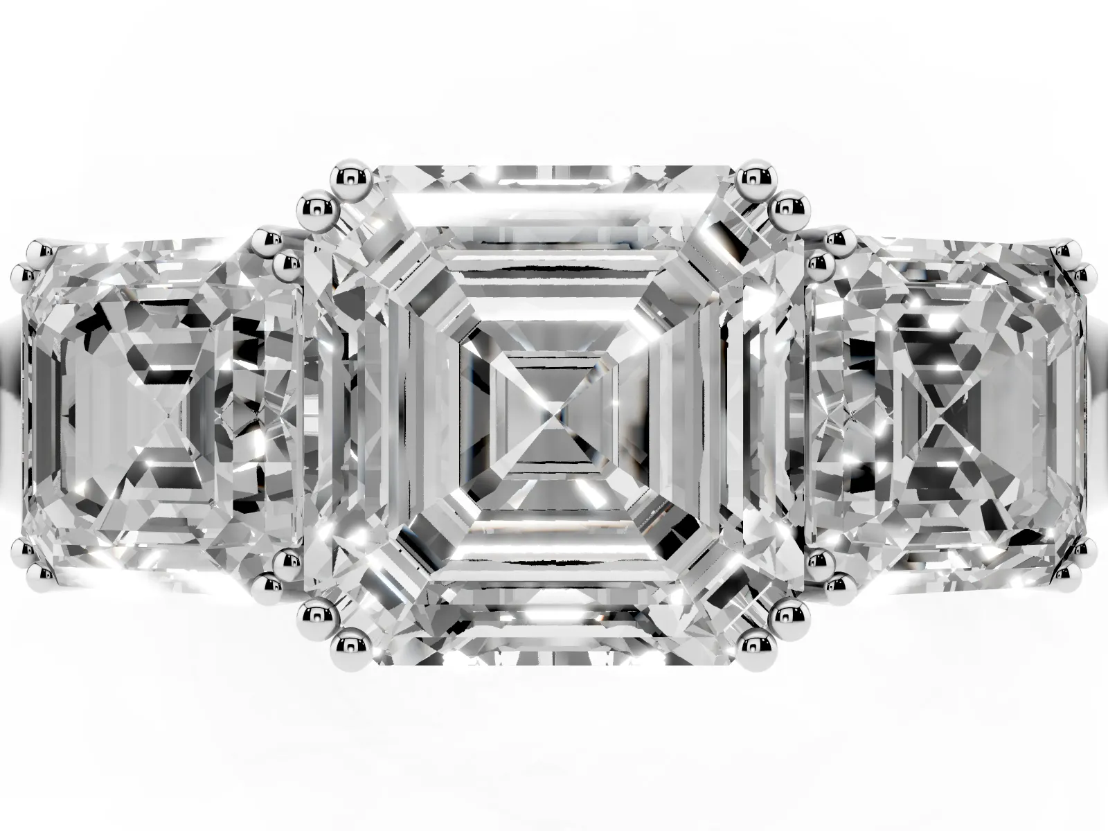 Three-Stone Asscher Cut Cut Diamond Ring with Channel Set Band and Four-Prong Setting White gold