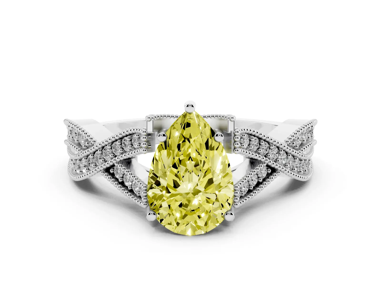 Fancy Yellow Pear Cut Cut Diamond Twisted Band with Milgrain Pave Setting and Four-Prong Setting Platinum