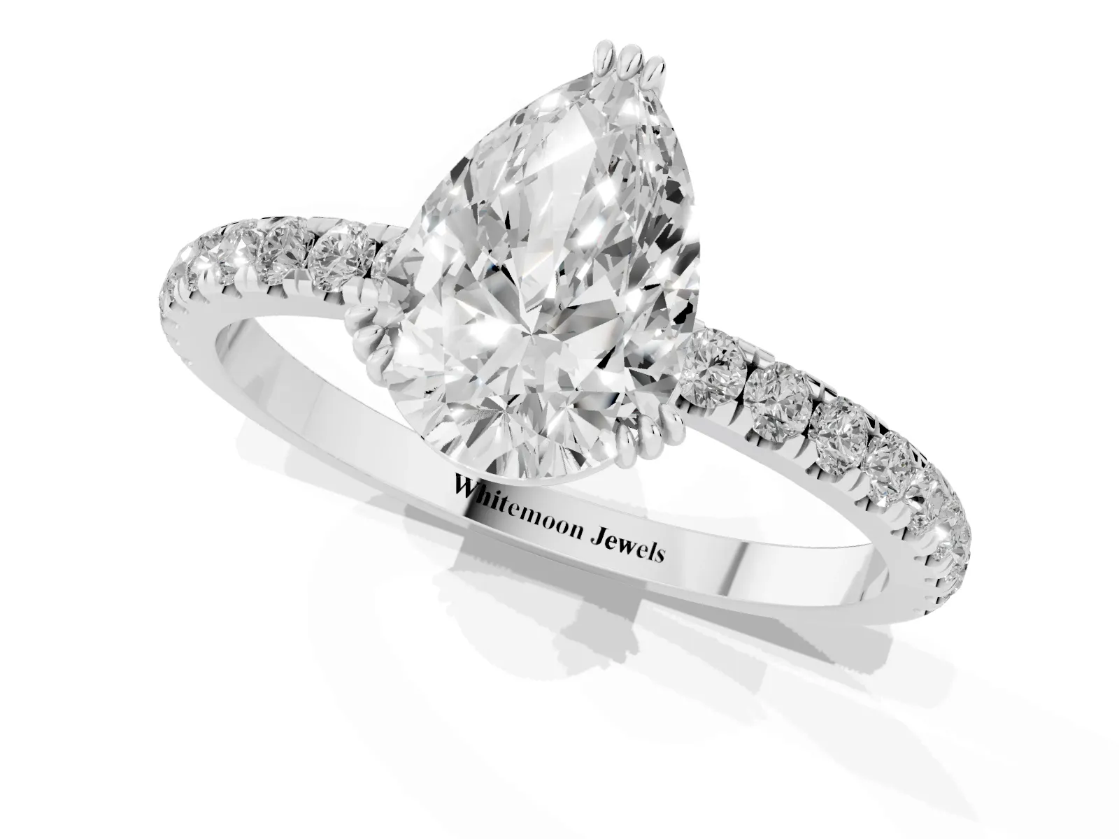 Pear Cut Brilliant Solitaire with Pavé Band and Claw Prong Setting Silver