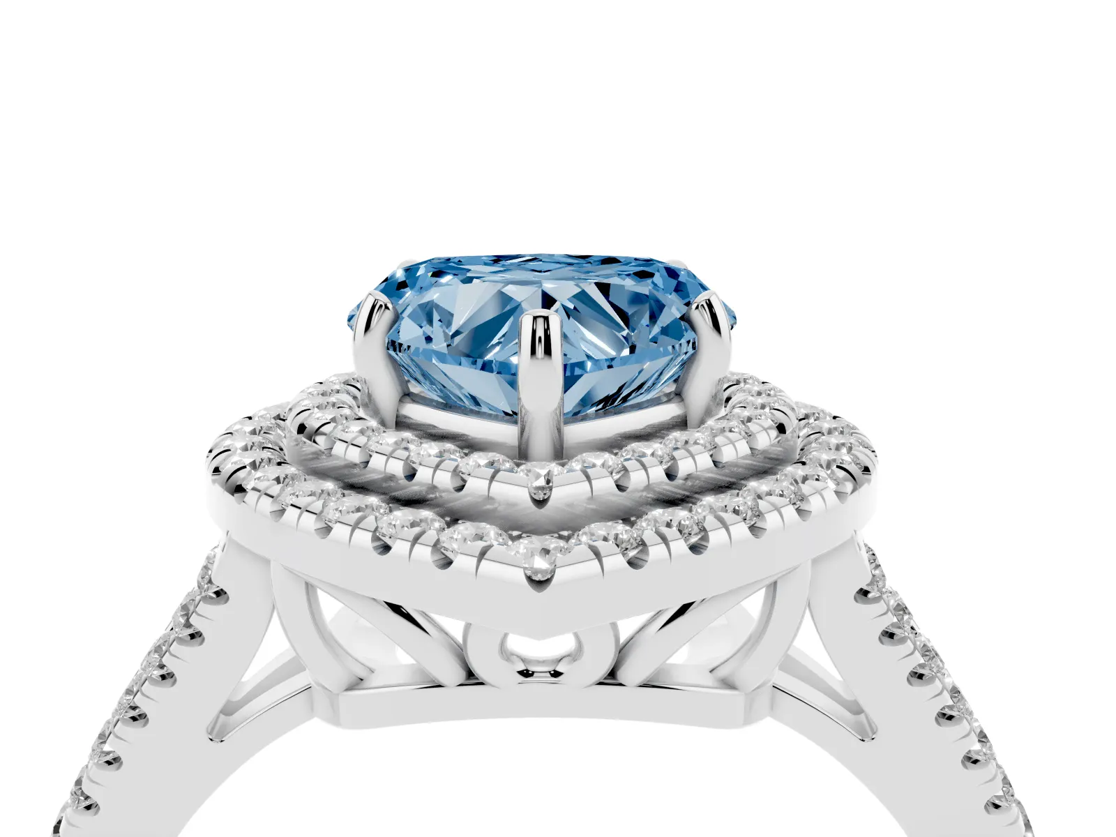 Fancy Blue Heart Cut Diamond Double Halo Ring with Pavé Band and Prong Setting Platinum