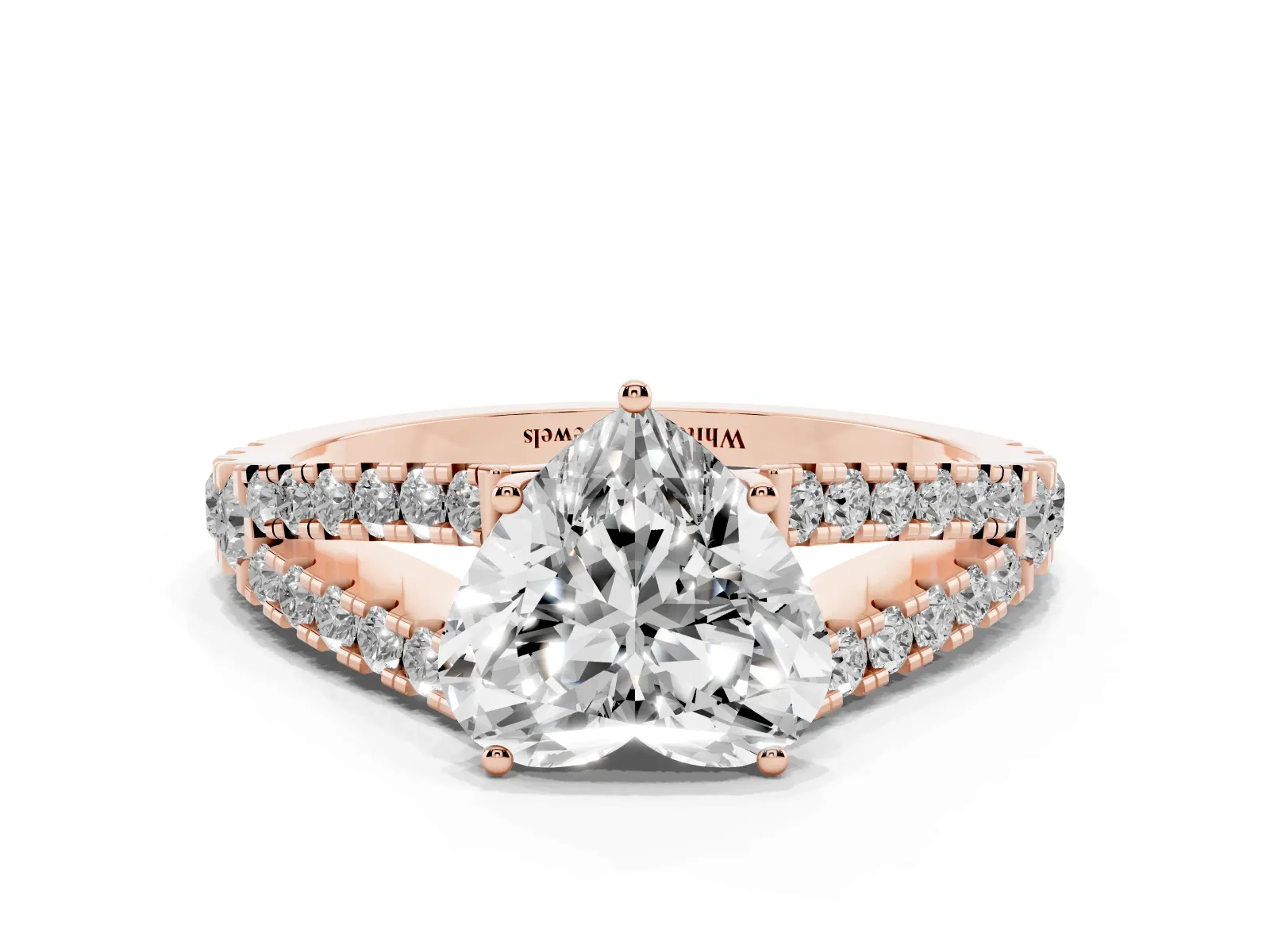 Heart Cut Diamond Split Shank Engagement Ring with Round Pavé and Prong Setting Rose gold