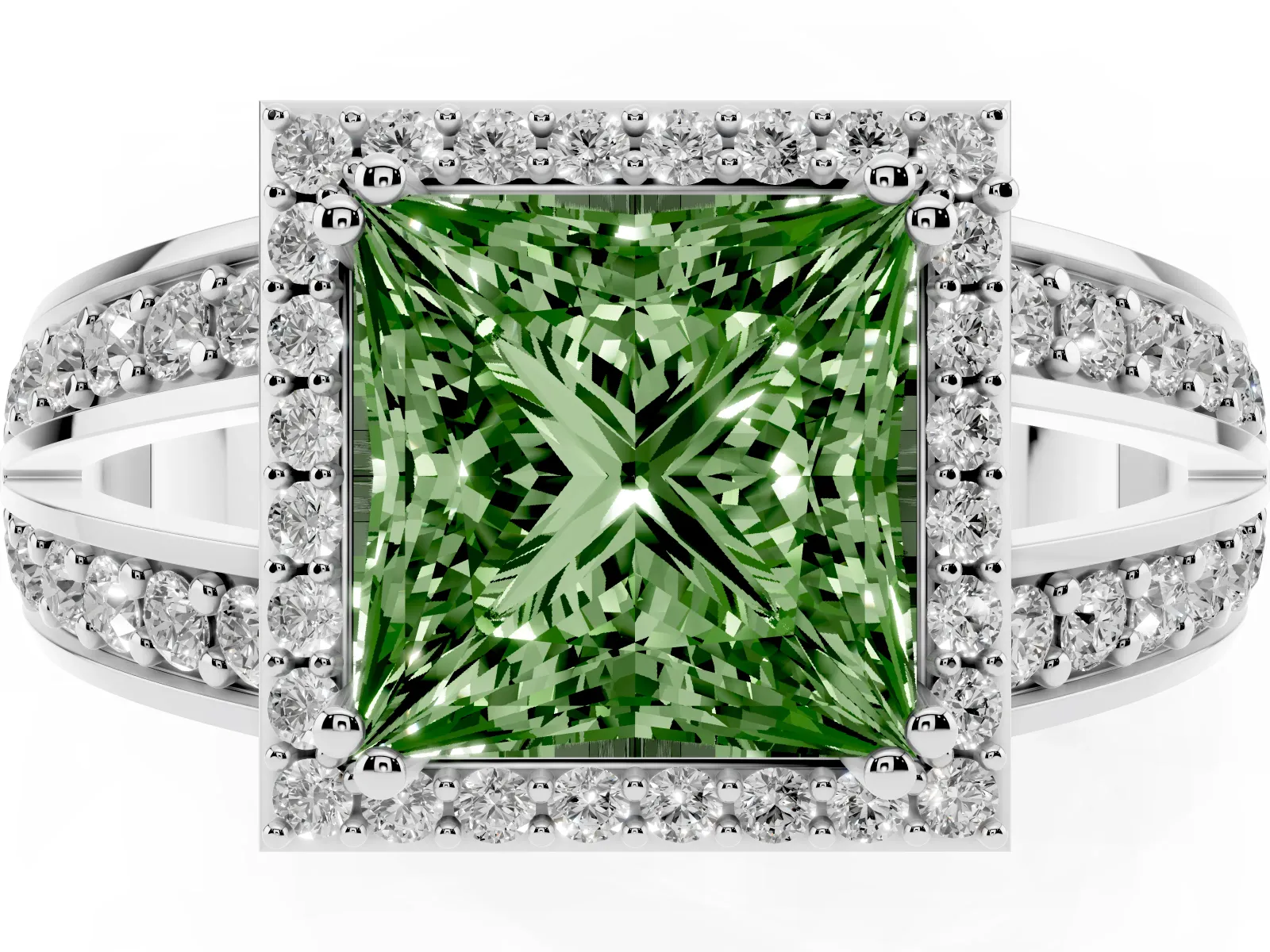 Fancy Green Princess Cut Diamond Halo Ring with Split Shank Pavé Band and Four-Prong Setting Platinum