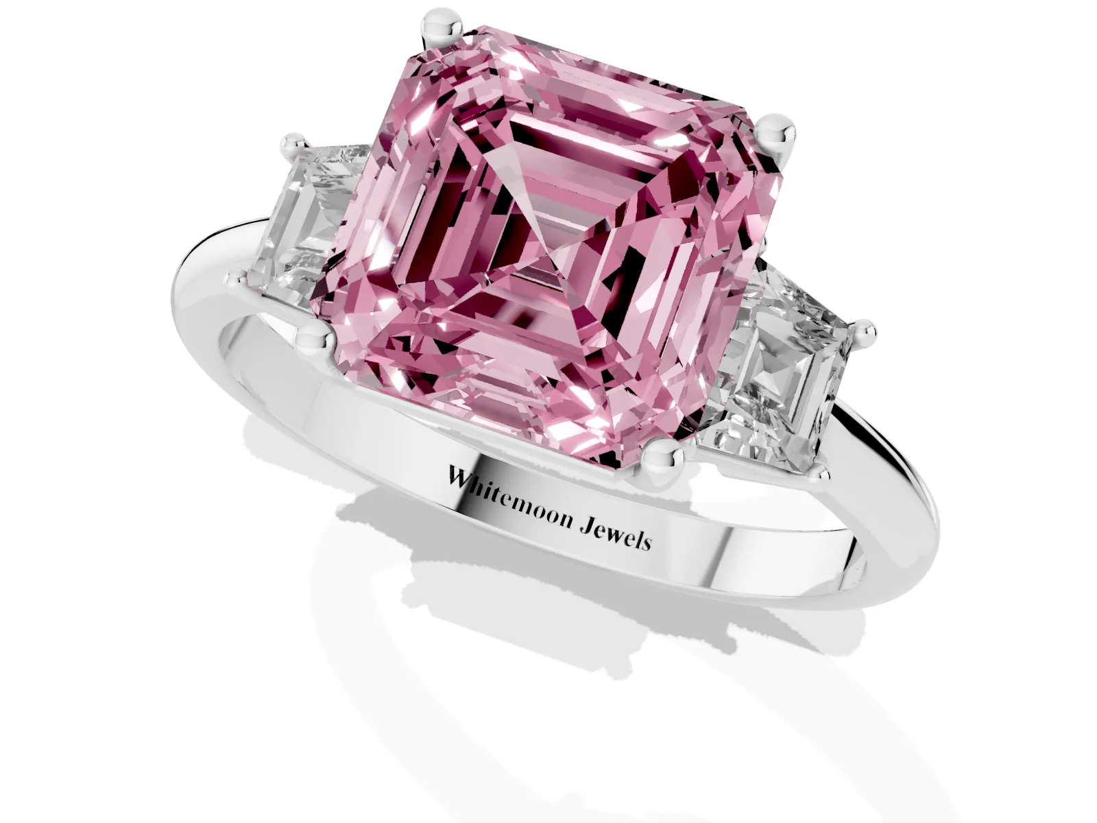 Fancy Pink Asscher Cut Diamond Three-Stone Ring with Trapezoid Side Stones and Prong Setting White gold