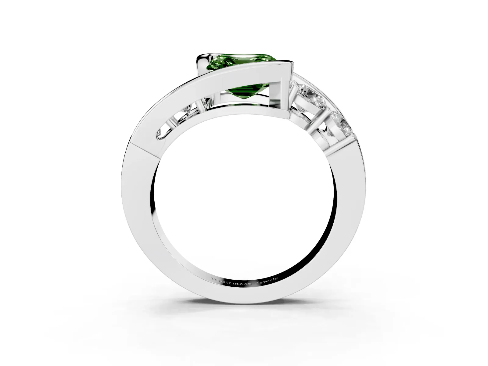 Fancy Green Bezel Set Asscher Cut Diamond Bypass Ring with Round Accents Platinum