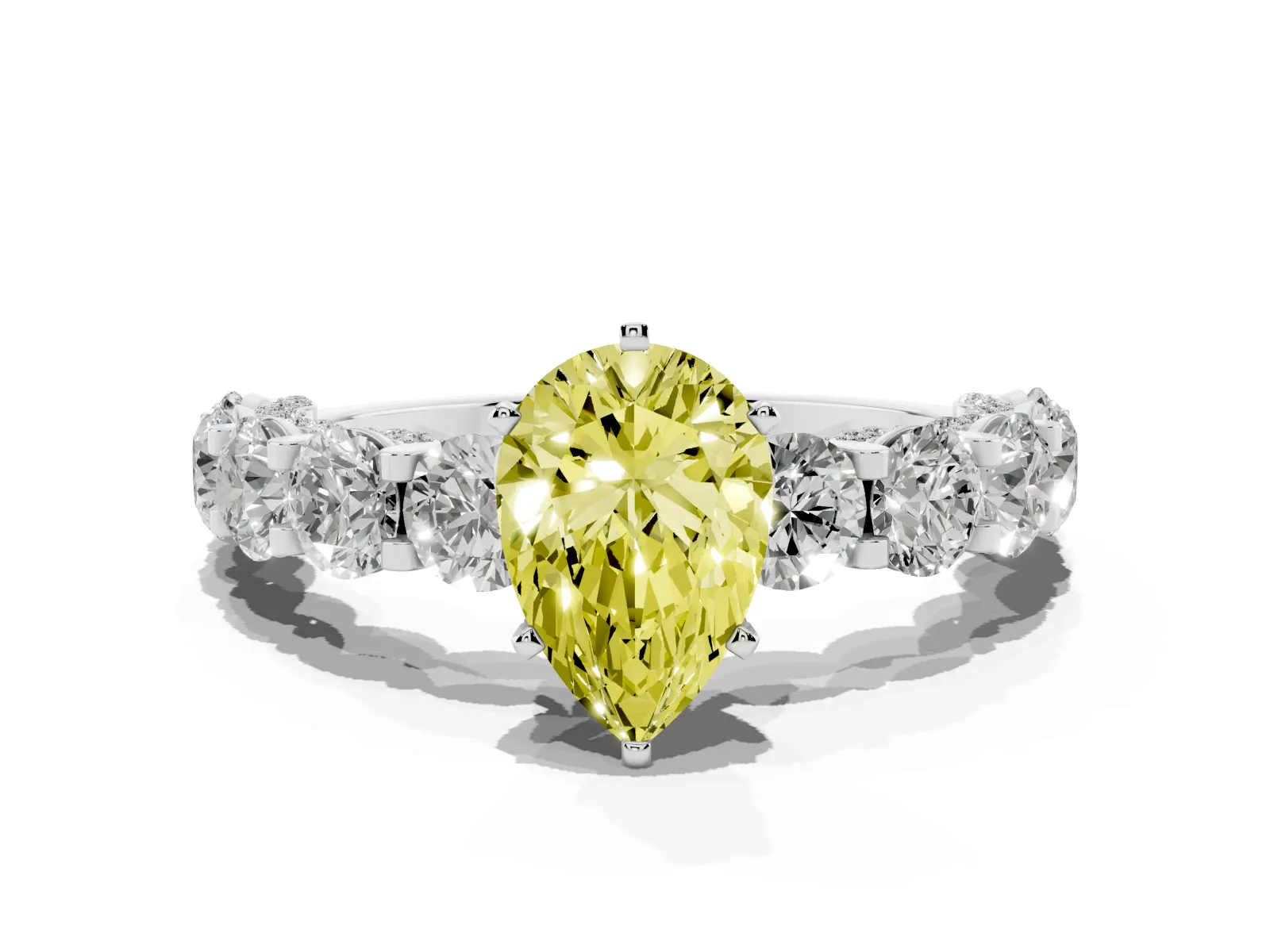 Fancy Yellow Pear Cut Diamond Side Stone Engagement Ring with Four-Prong Setting White gold