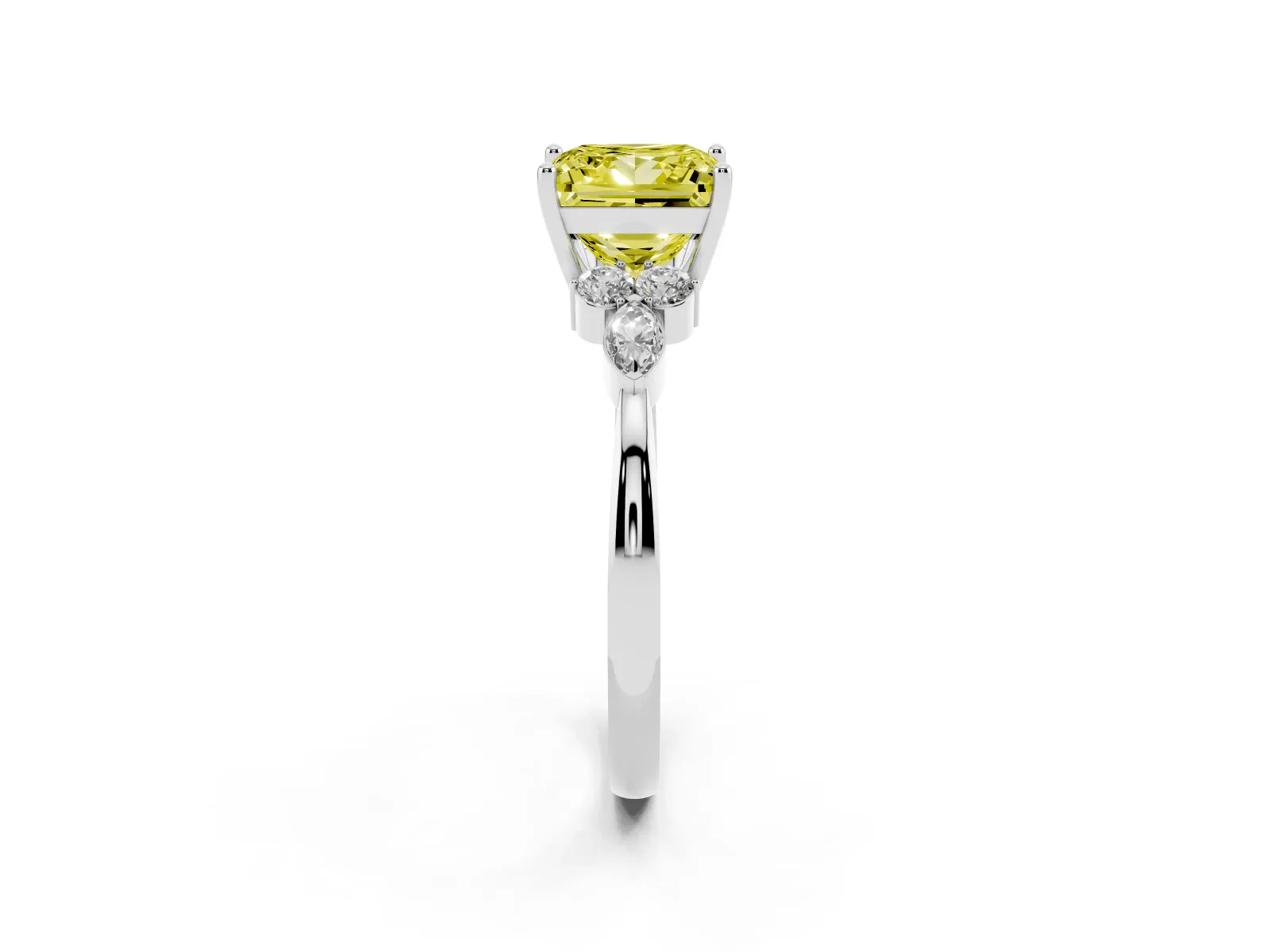 Fancy Yellow Princess Cut Brilliant Diamond Solitaire Ring with Pear Side Stones and Four-Prong Setting Platinum