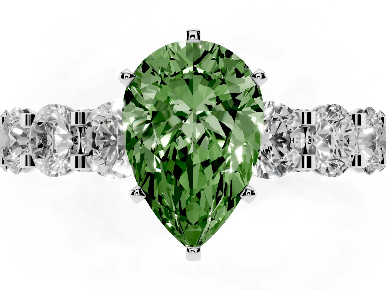 Fancy Green Pear Cut Diamond Side Stone Engagement Ring with Four-Prong Setting Platinum