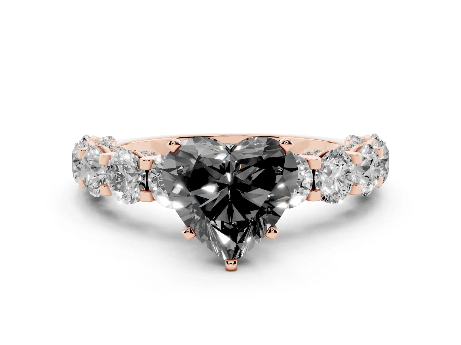 Fancy Black Heart Cut Diamond Side Stone Engagement Ring with Four-Prong Setting Rose gold