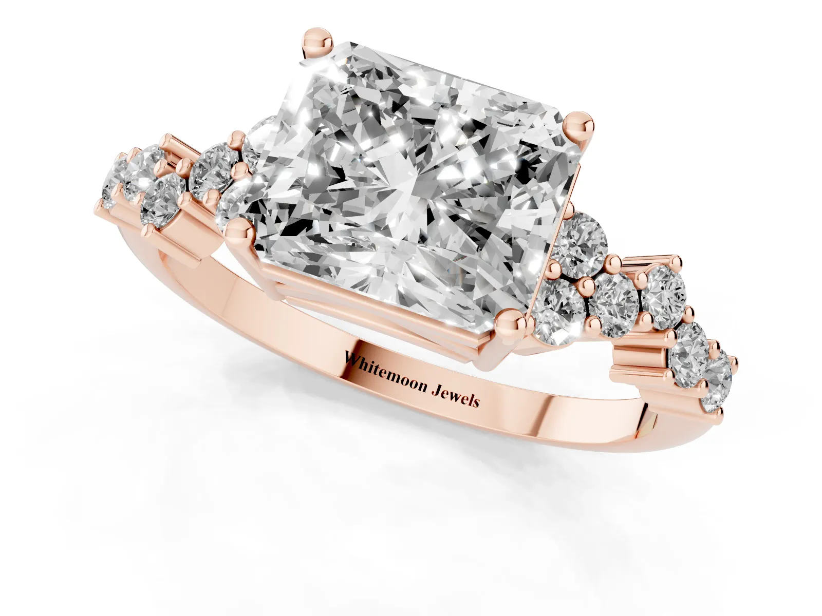 Radiant Cut Diamond Scattered Round Accent Ring with Prong Setting Rose gold
