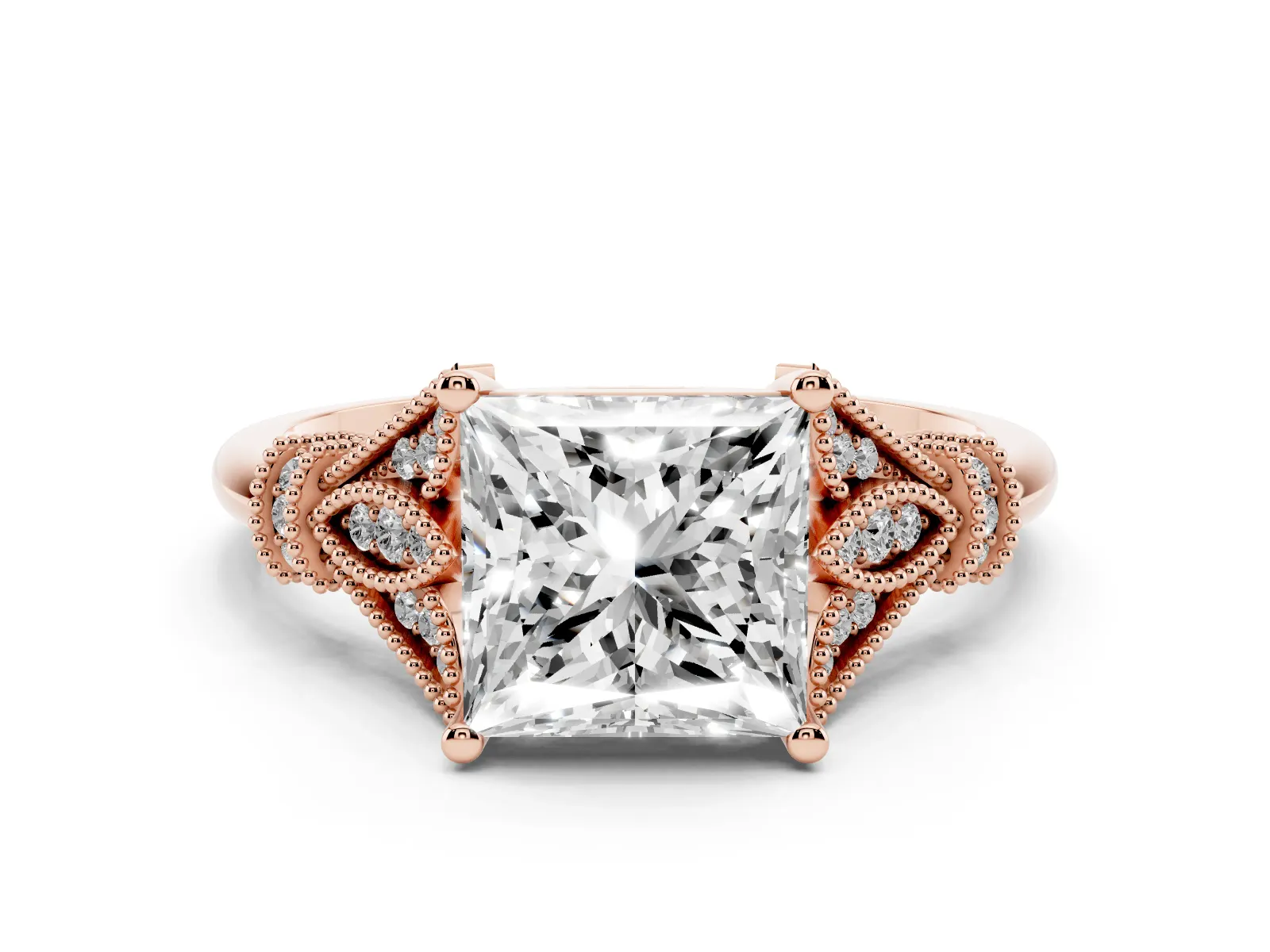 Princess Cut Diamond Solitaire Ring with Floral Filigree and Pave Accents Rose gold