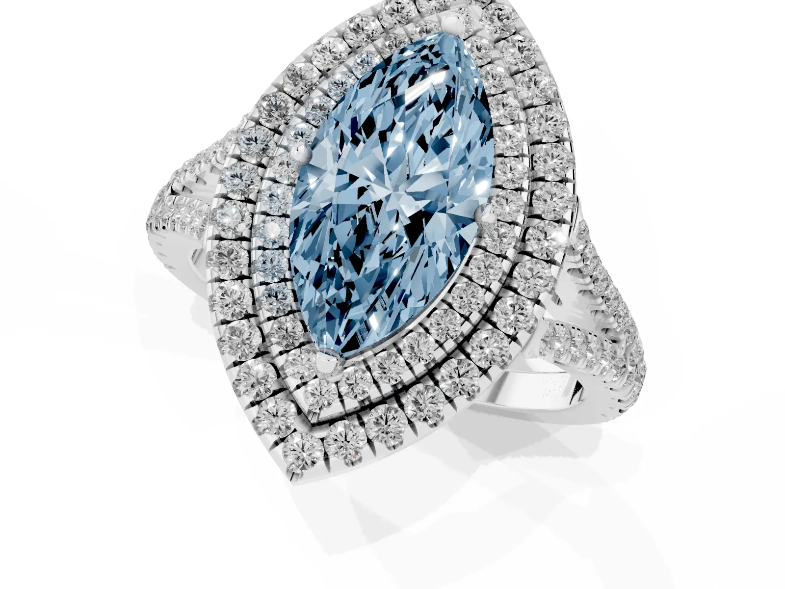 Fancy Blue Marquise Cut Diamond Double Halo Ring with Pavé Band and Prong Setting Platinum