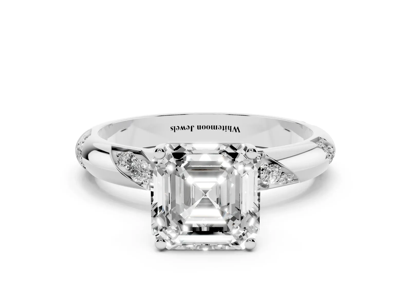 Asscher Cut Diamond Solitaire Engagement Ring with Twisted Round Accent Band and Prong Setting Platinum