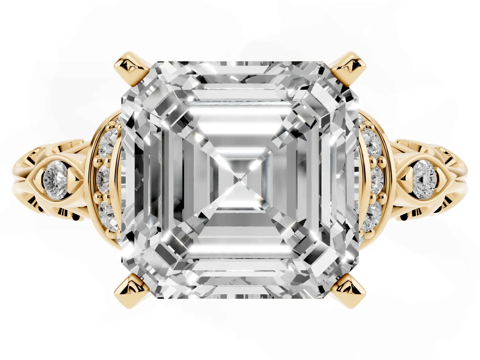 Asscher Cut Diamond Solitaire Ring with Filigree Band and Four-Prong Setting Yellow gold