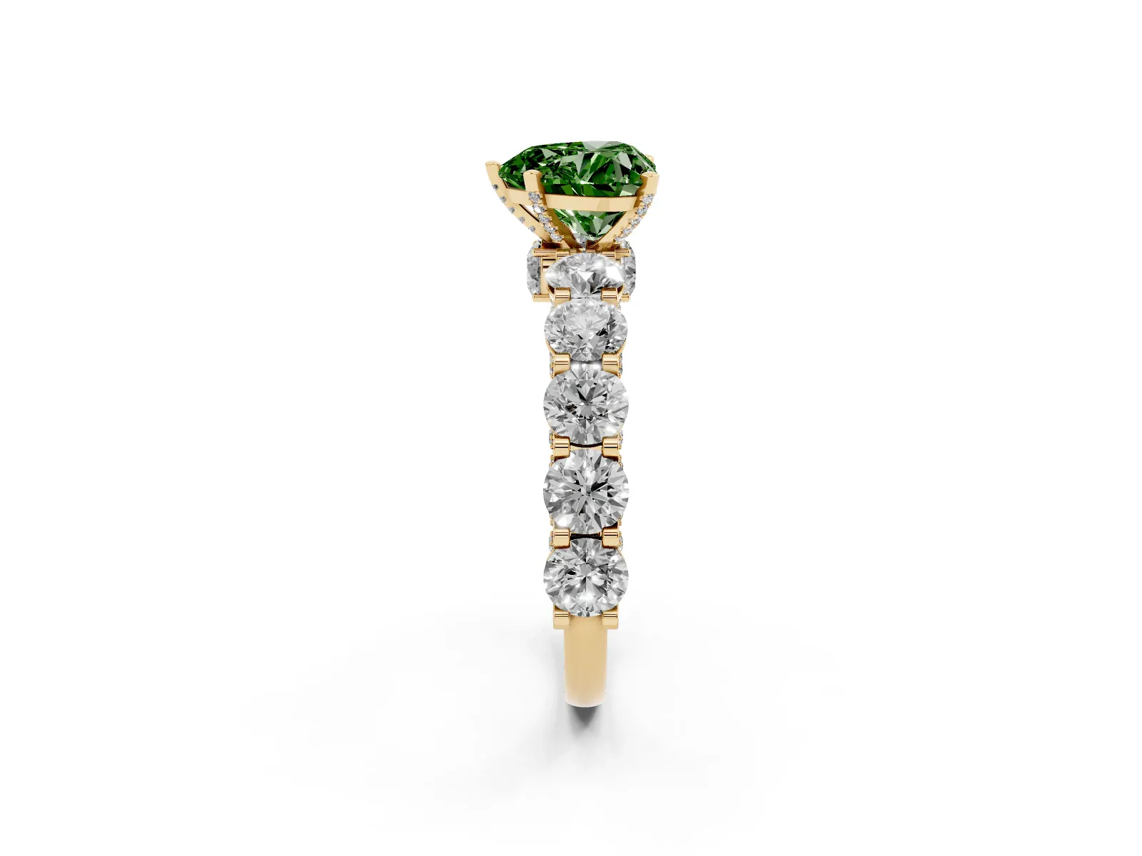 Fancy Green Heart Cut Diamond Side Stone Engagement Ring with Four-Prong Setting Yellow gold