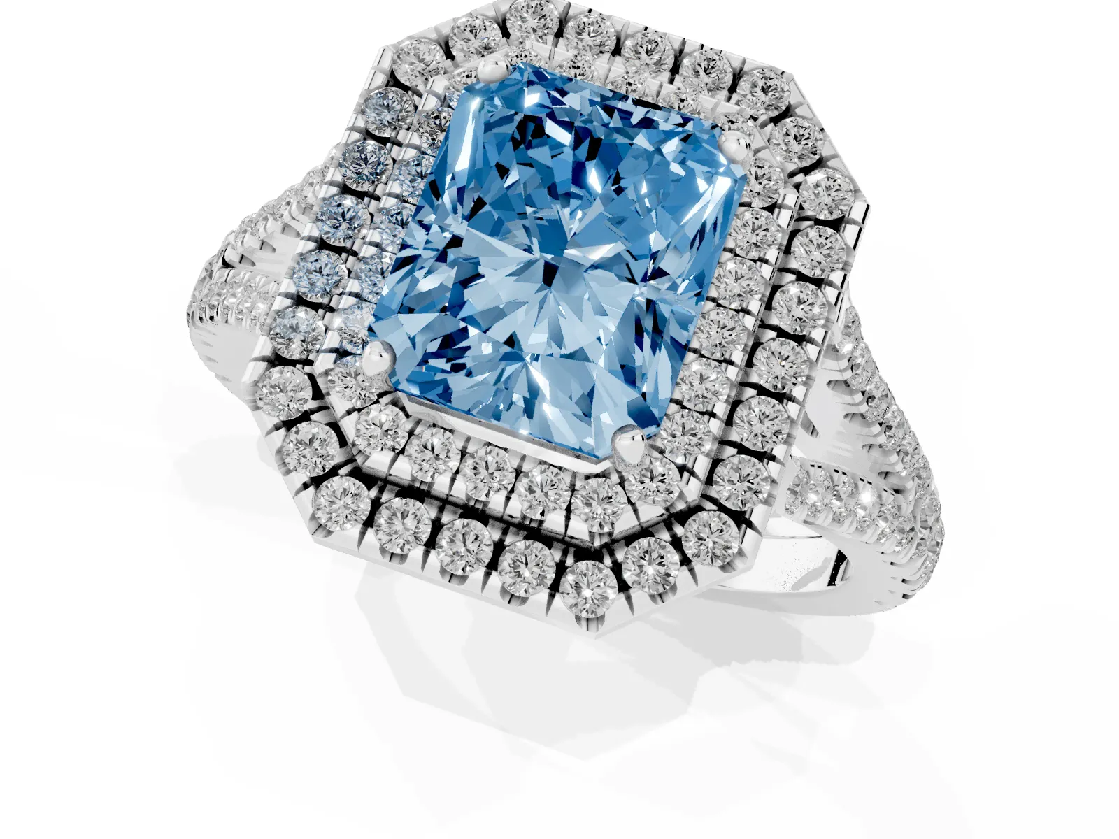 Fancy Blue Radiant Cut Diamond Double Halo Ring with Pavé Band and Prong Setting Platinum