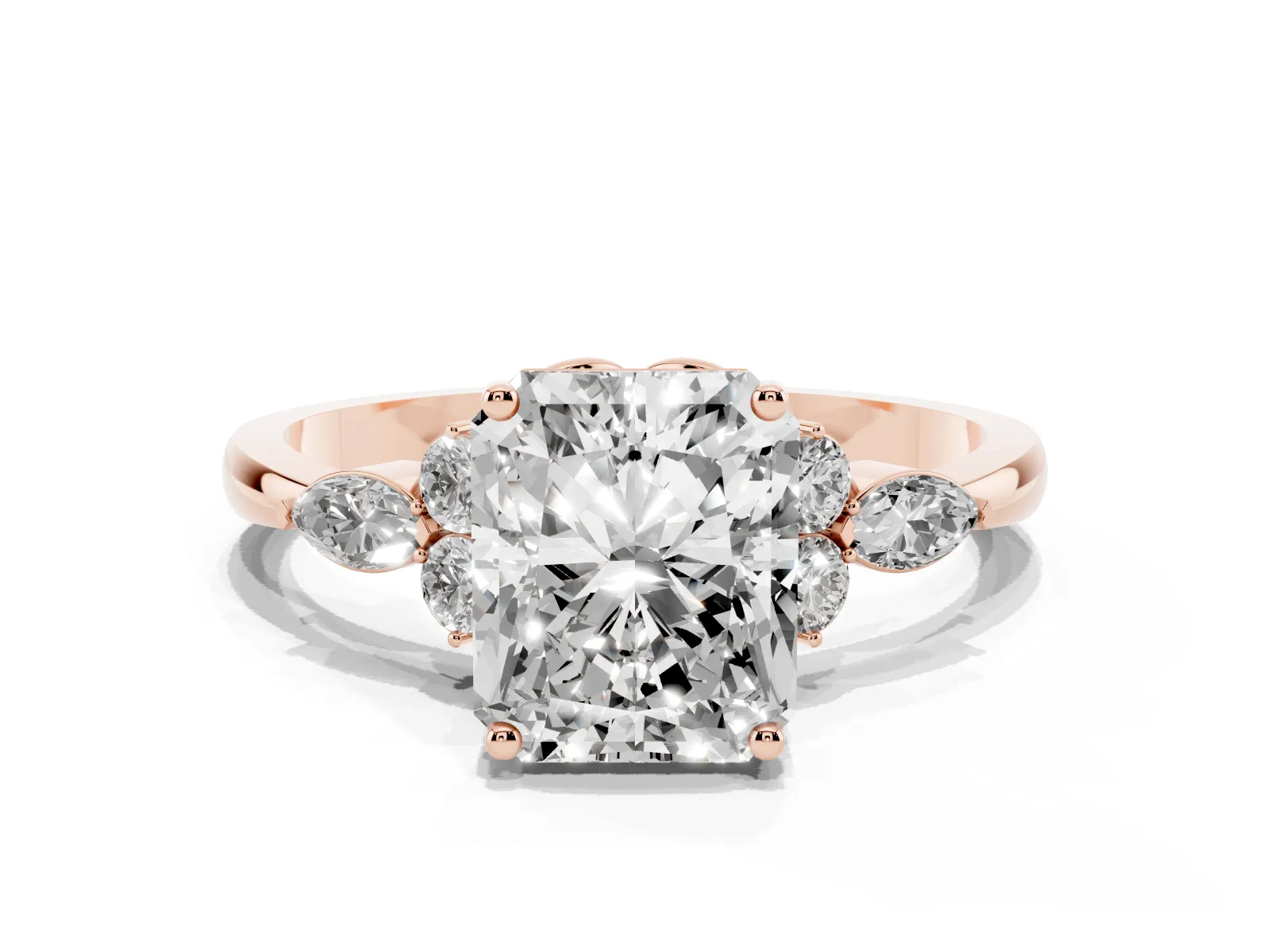 Radiant Cut Brilliant Diamond Solitaire Ring with Pear Side Stones and Four-Prong Setting Rose gold