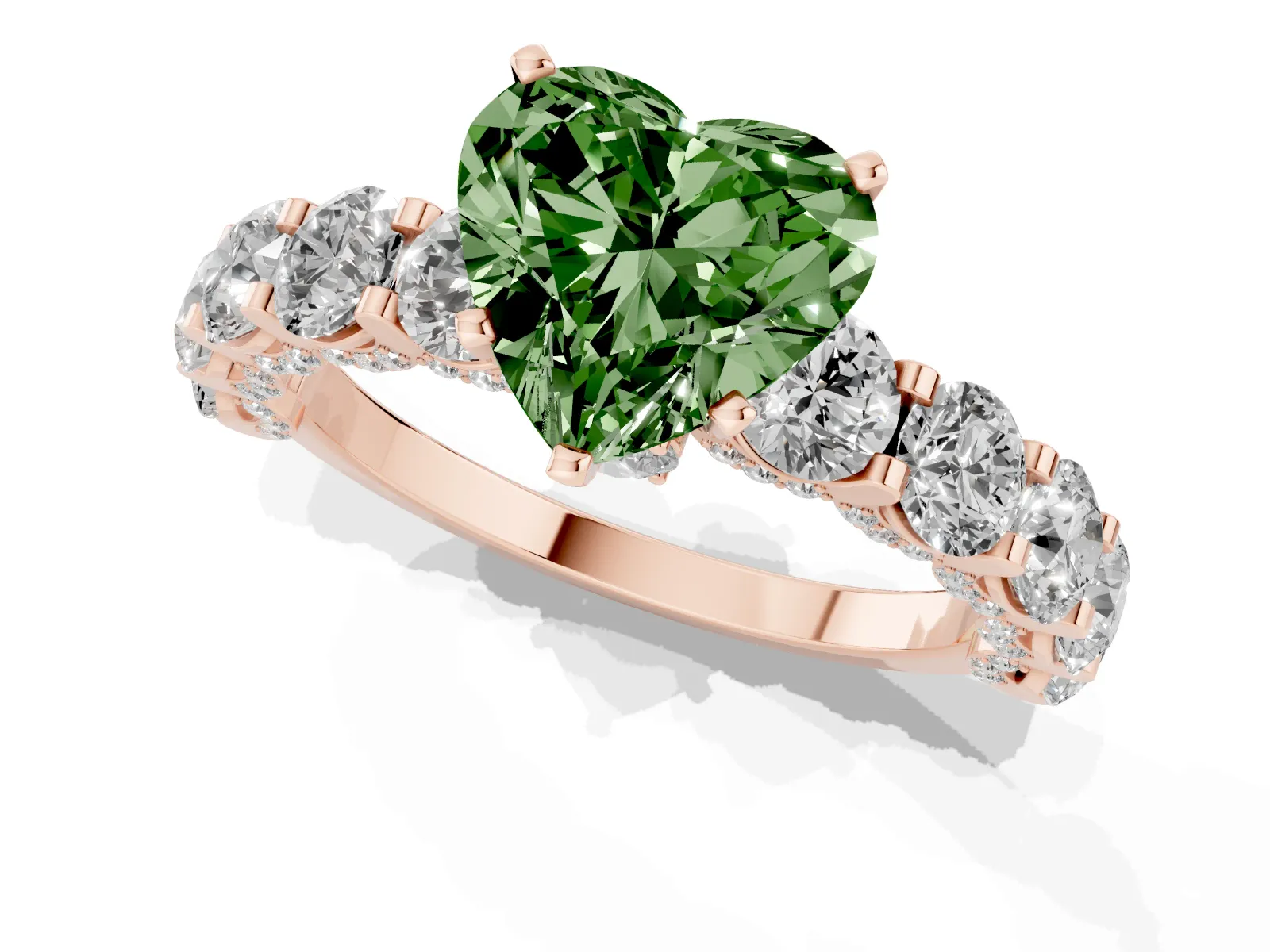 Fancy Green Heart Cut Diamond Side Stone Engagement Ring with Four-Prong Setting Rose gold