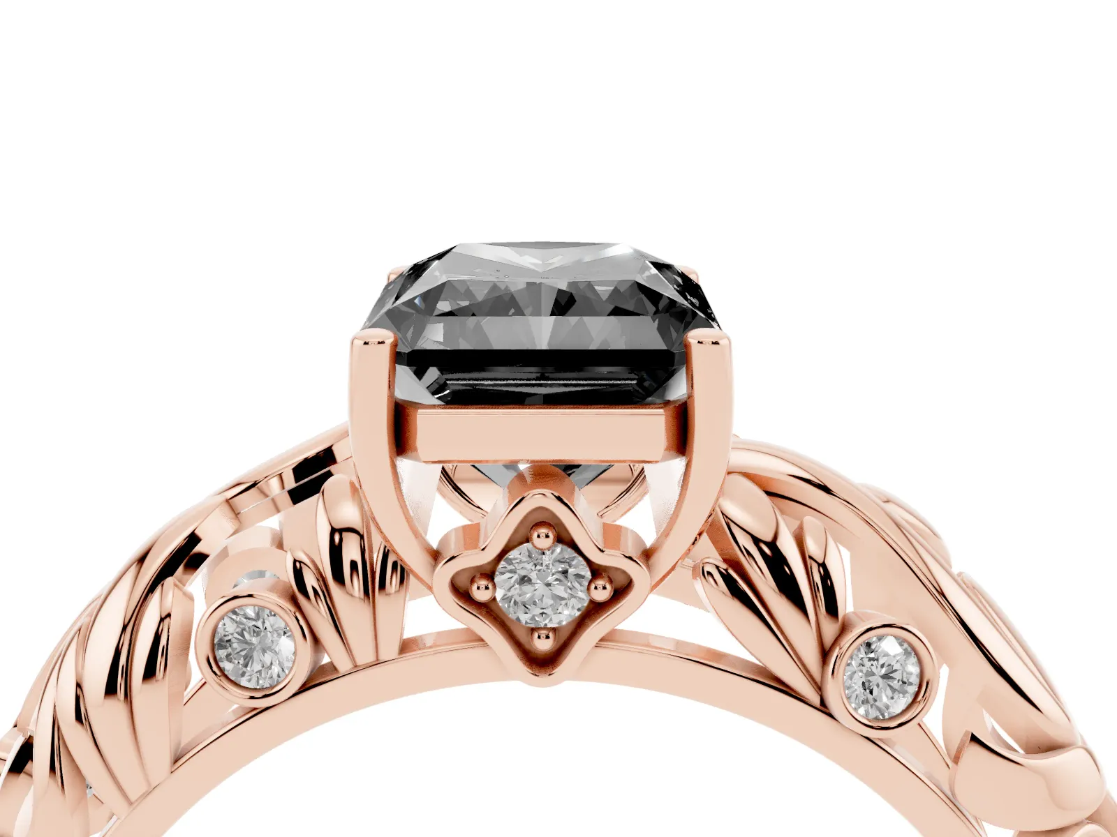 Fancy Black Radiant Cut Solitaire Diamond Leaf-Inspired Vine Band Ring with Prong Setting Rose gold