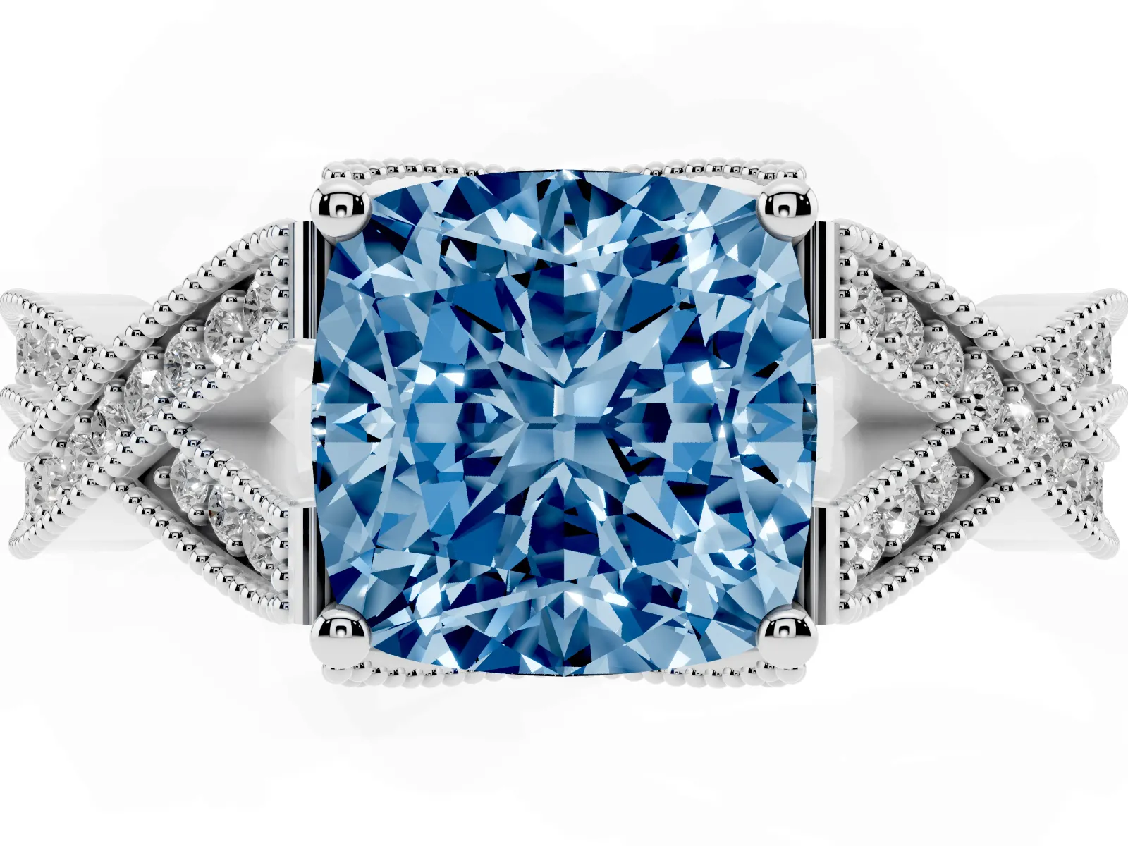 Fancy Blue Cushion Cut Cut Diamond Twisted Band with Milgrain Pave Setting and Four-Prong Setting Platinum