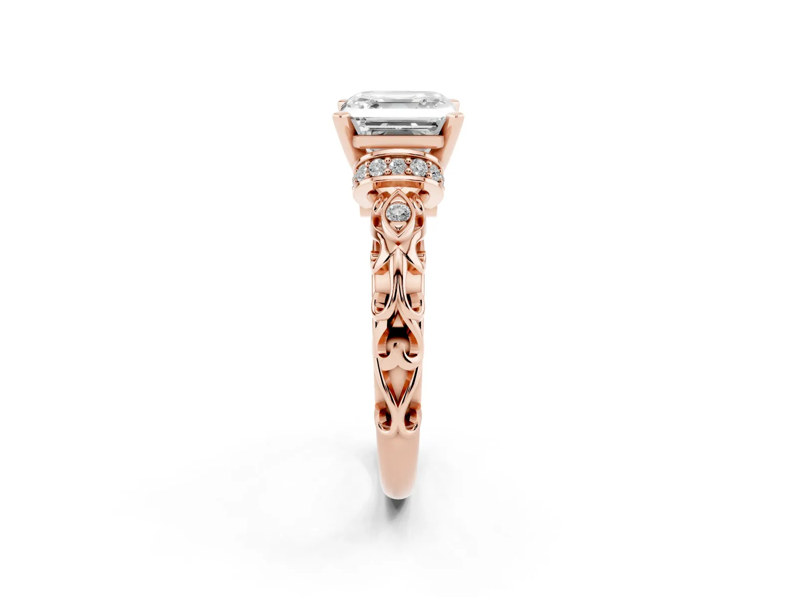 Asscher Cut Diamond Solitaire Ring with Filigree Band and Four-Prong Setting Rose gold