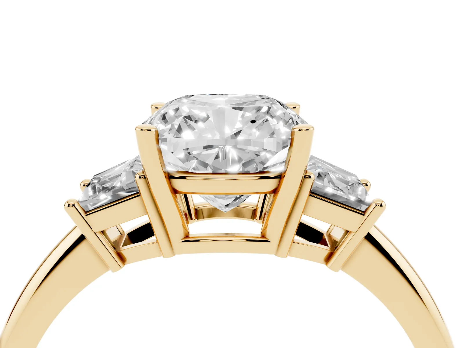 Cushion Cut Diamond Three-Stone Ring with Trapezoid Side Stones and Prong Setting Yellow gold