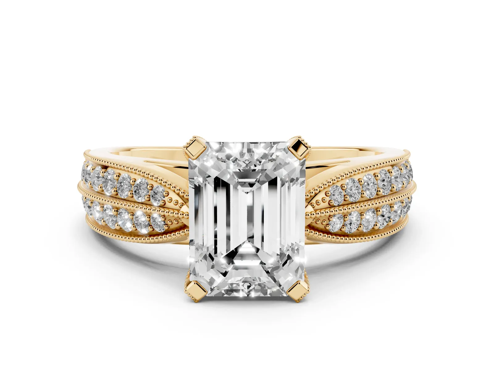 Emerald Cut Diamond Solitaire Ring with Milgrain Round Pavé Band and Prong Setting Yellow gold
