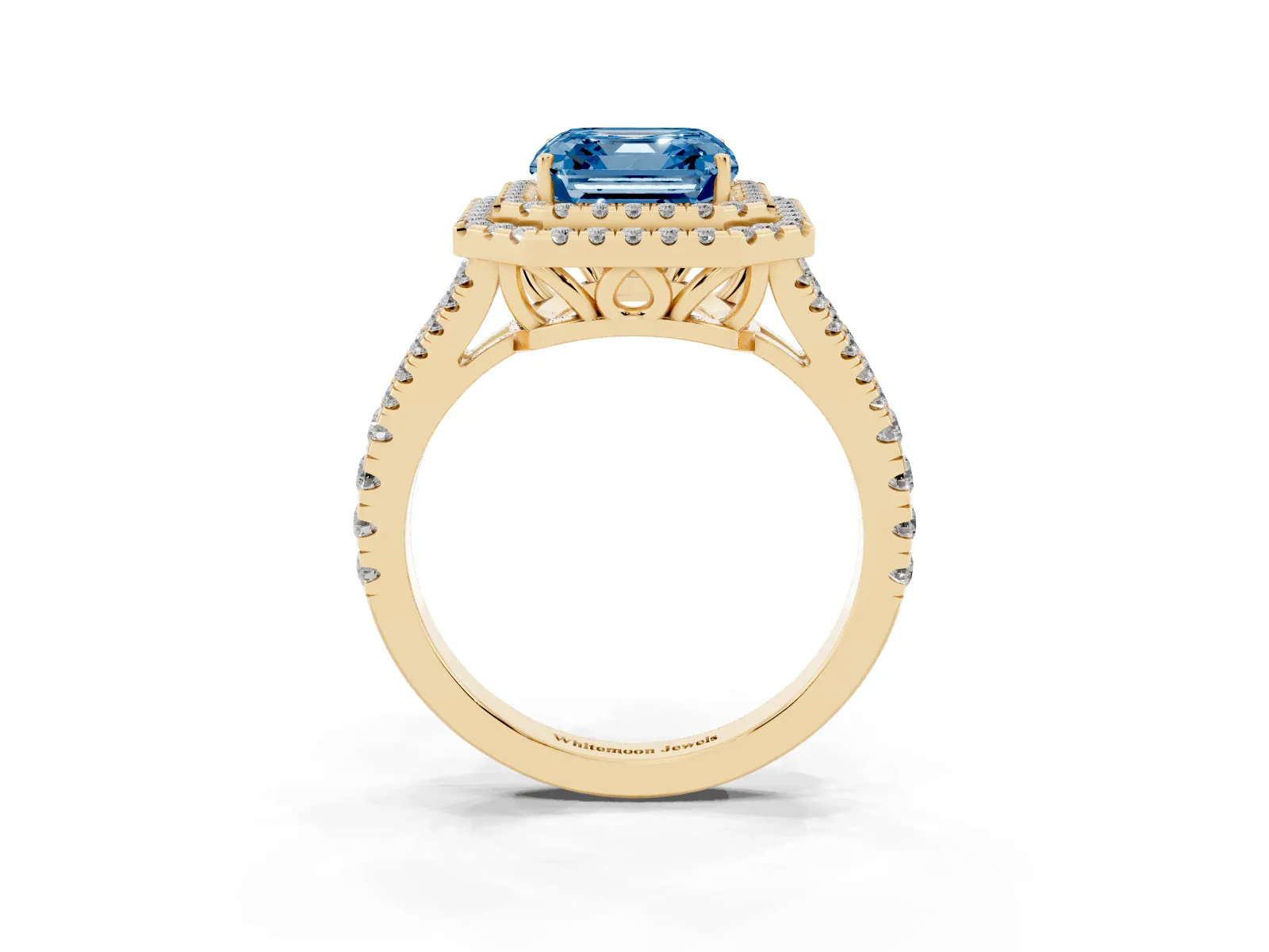 Fancy Blue Asscher Cut Diamond Double Halo Ring with Pavé Band and Prong Setting Yellow gold