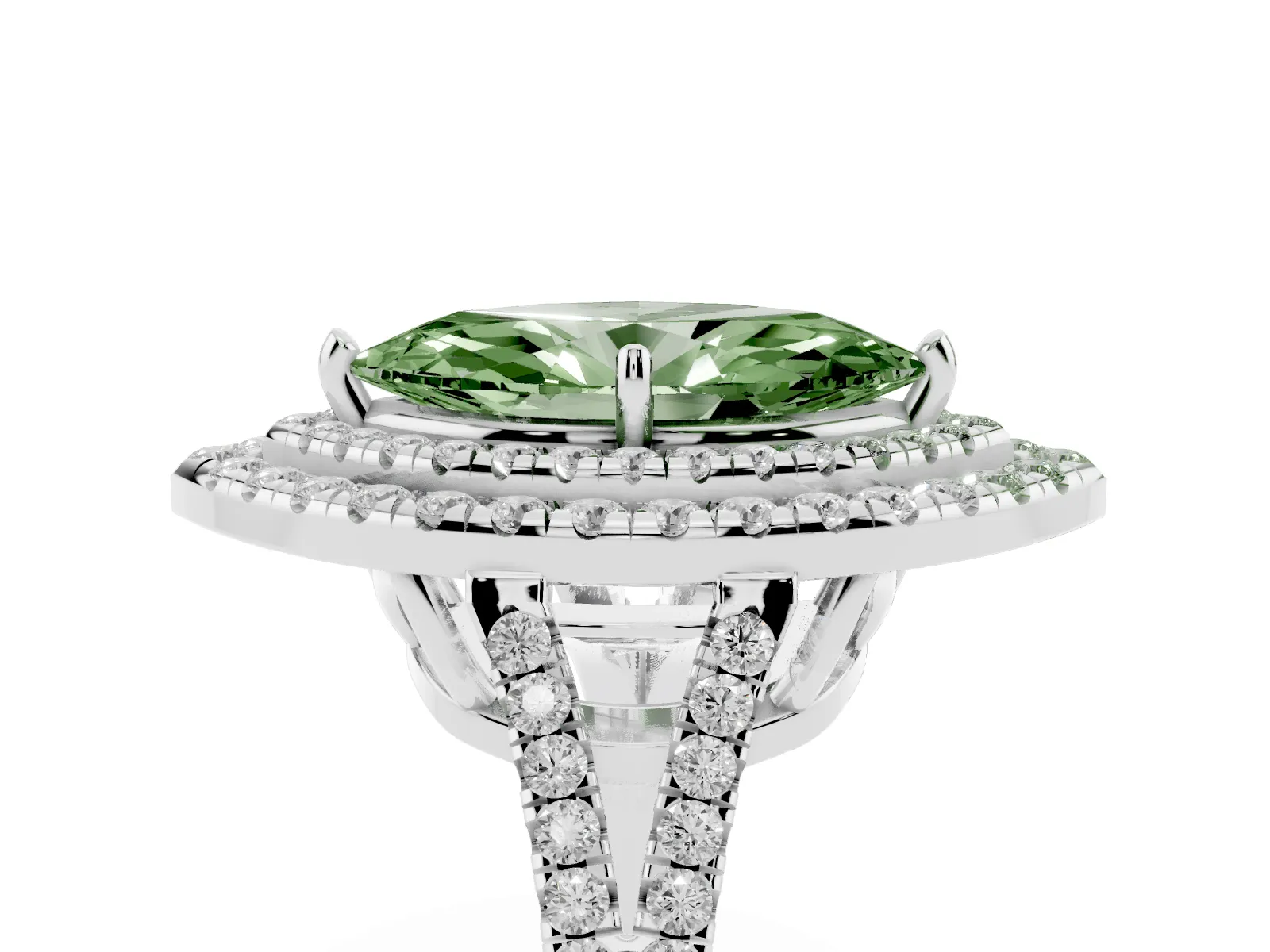 Fancy Green Marquise Cut Diamond Double Halo Ring with Pavé Band and Prong Setting Platinum