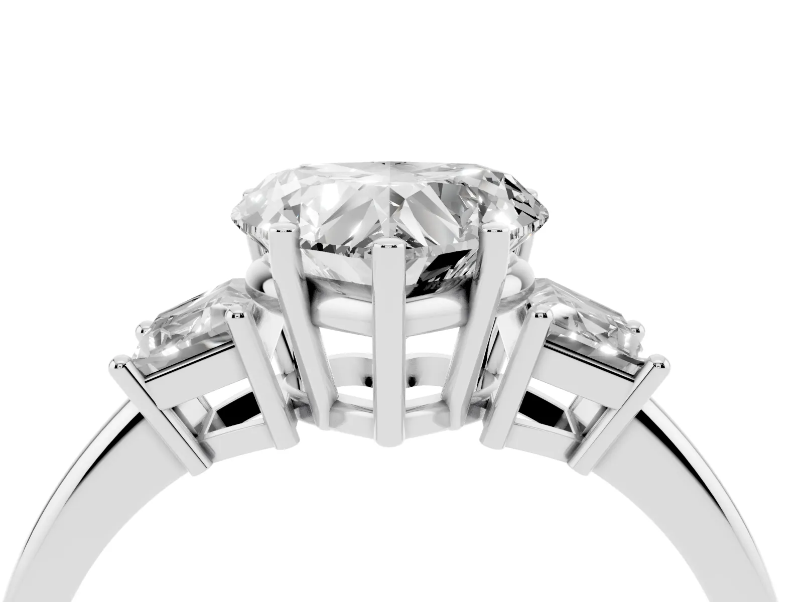Heart Cut Diamond Three-Stone Ring with Trapezoid Side Stones and Prong Setting White gold