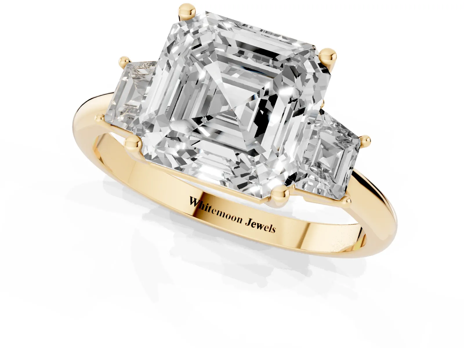 Asscher Cut Diamond Three-Stone Ring with Trapezoid Side Stones and Prong Setting Yellow gold