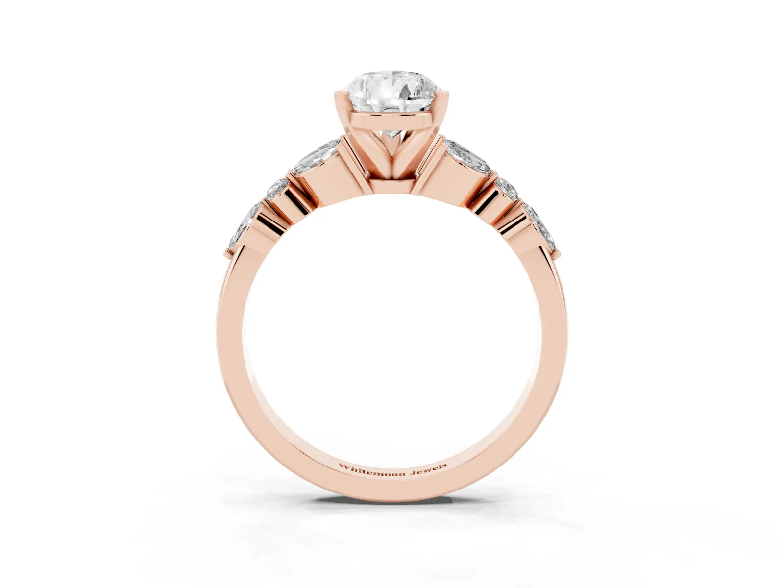 Pear Cut Diamond Solitaire Ring with Side Stones and Four-Prong Setting Rose gold