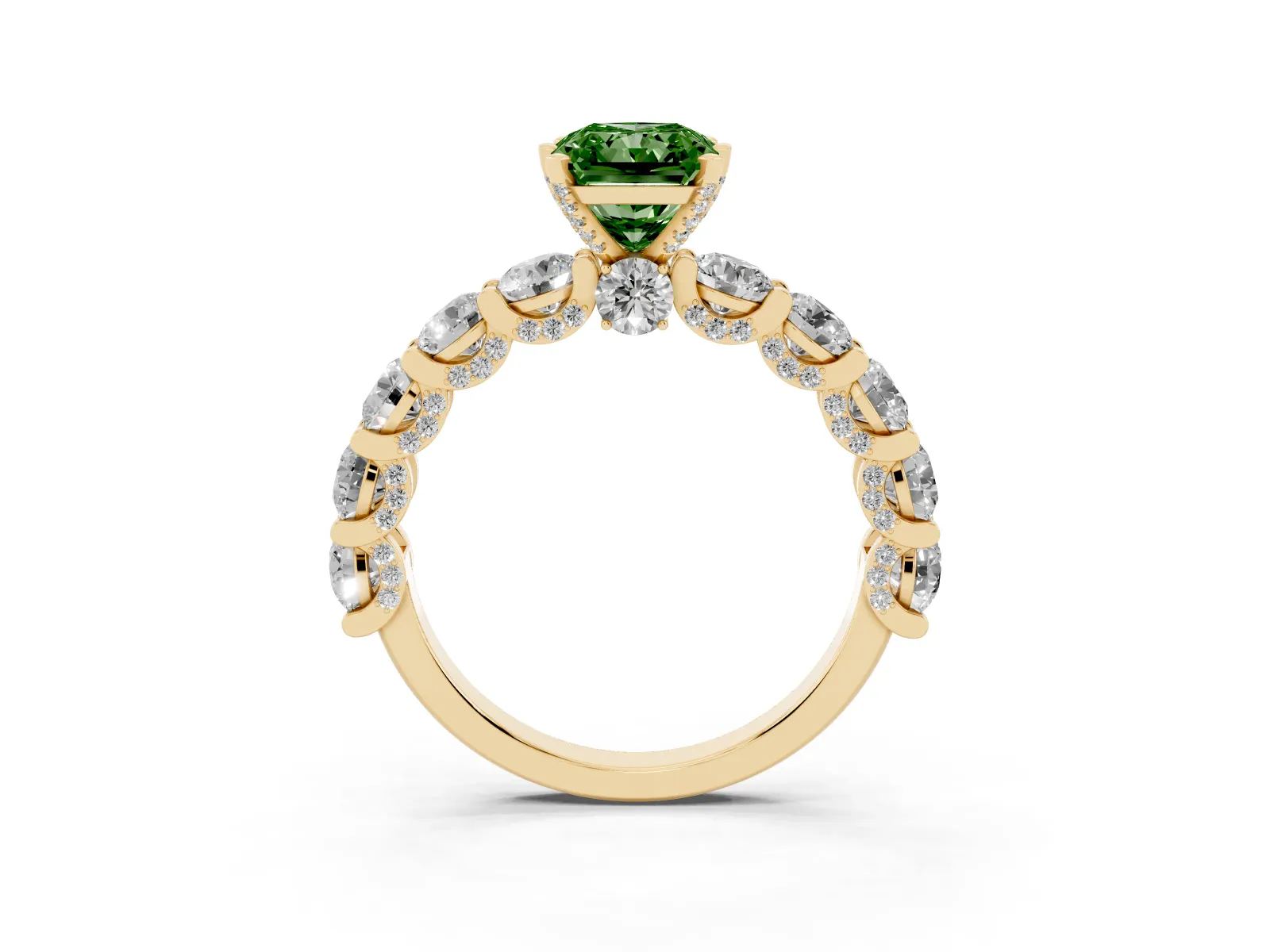 Fancy Green Radiant Cut Diamond Side Stone Engagement Ring with Four-Prong Setting Yellow gold