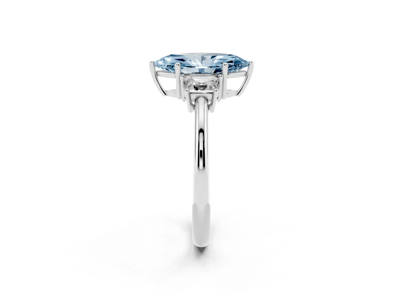 Fancy Blue Marquise Cut Diamond Three-Stone Ring with Trapezoid Side Stones and Prong Setting Platinum