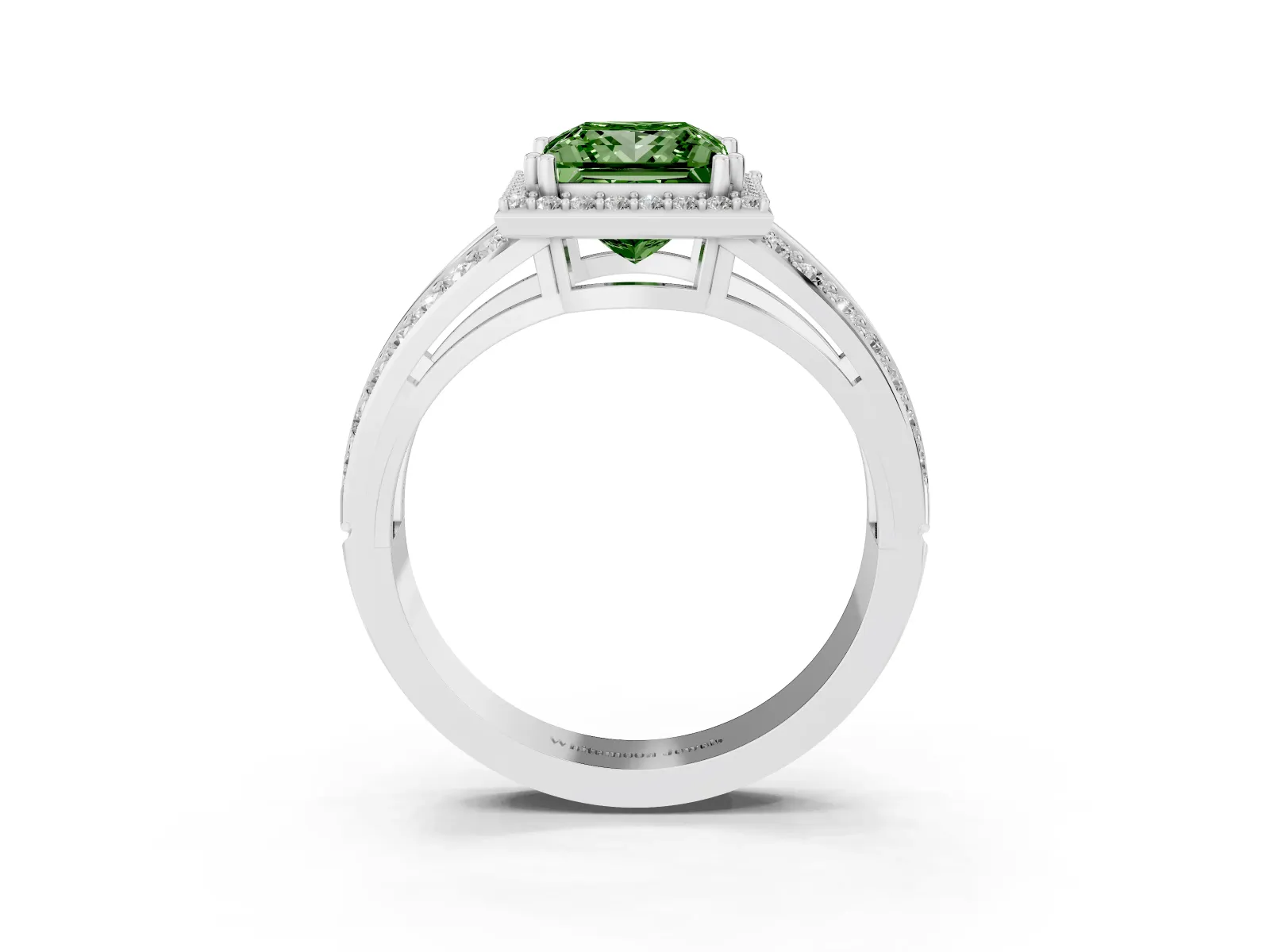 Fancy Green Princess Cut Diamond Halo Ring with Split Shank Pavé Band and Four-Prong Setting Platinum
