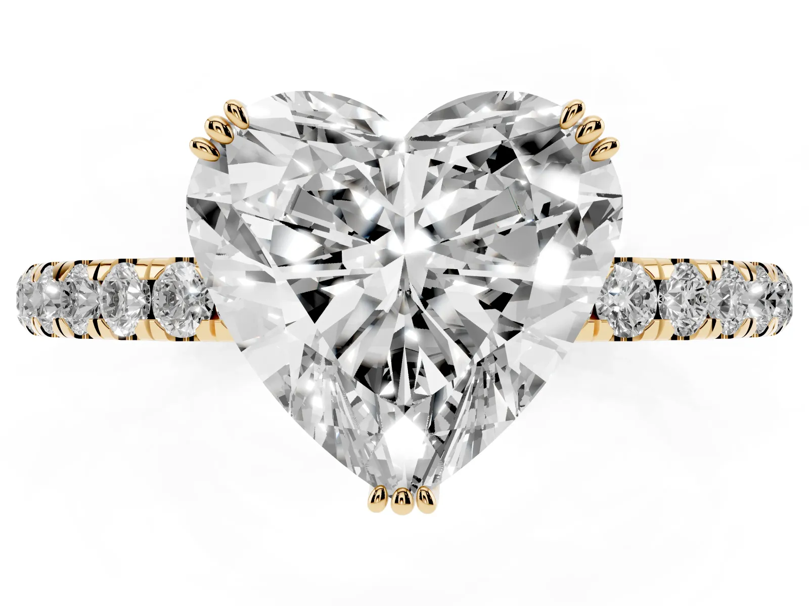 Heart Cut Brilliant Solitaire with Pavé Band and Claw Prong Setting Yellow gold