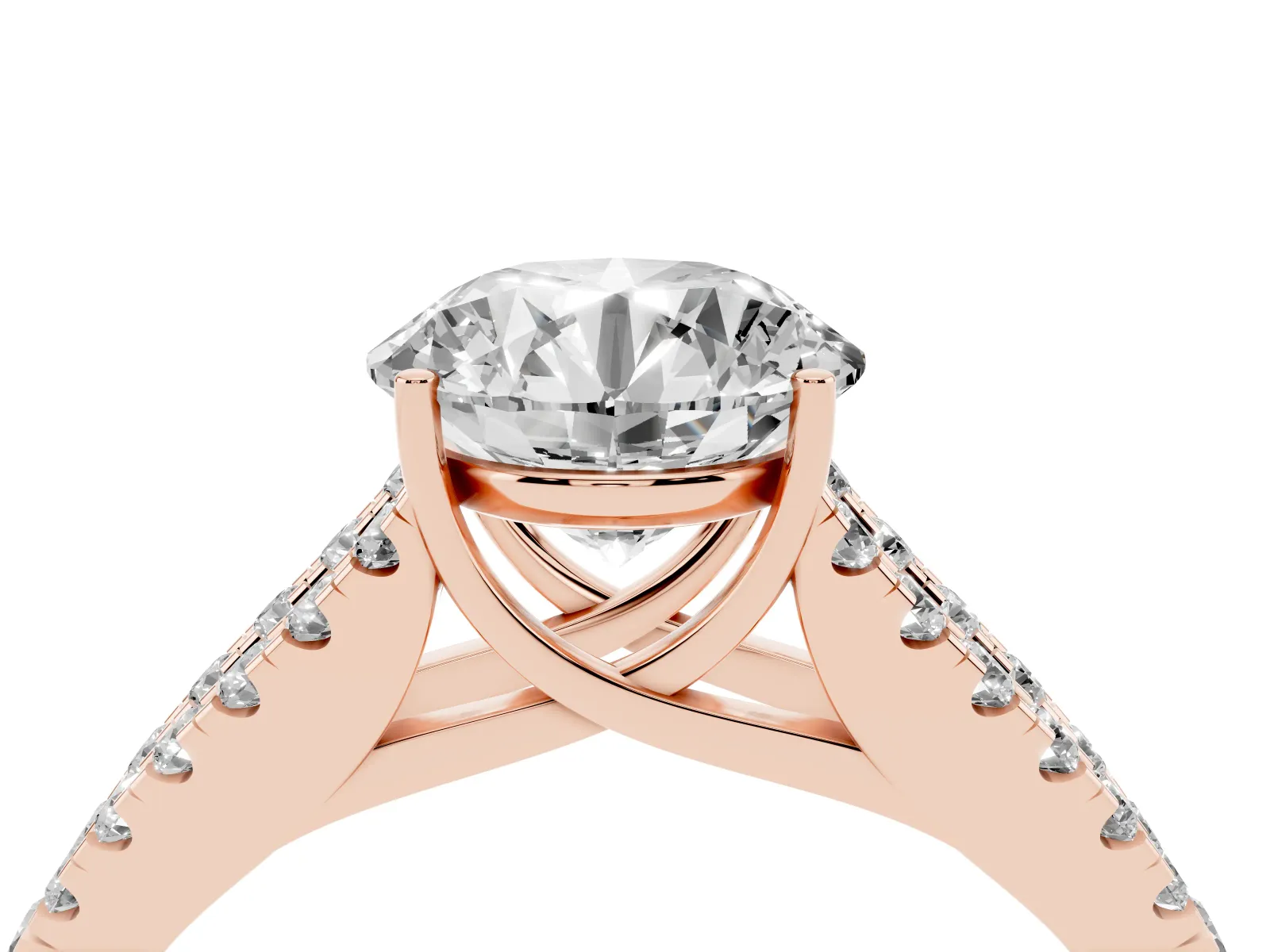 Round Cut Diamond Split Shank Engagement Ring with Round Pavé and Prong Setting Rose gold