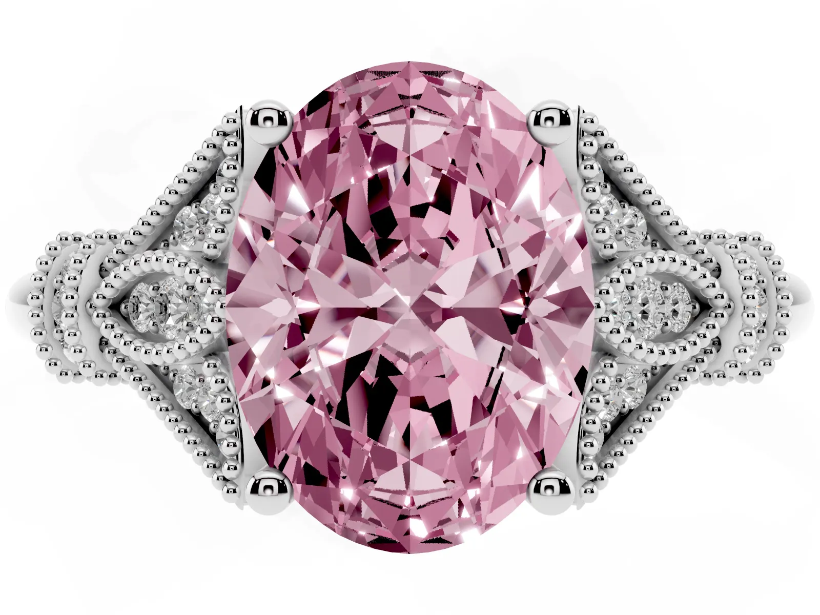 Fancy Pink Oval Cut Diamond Solitaire Ring with Floral Filigree and Pave Accents White gold