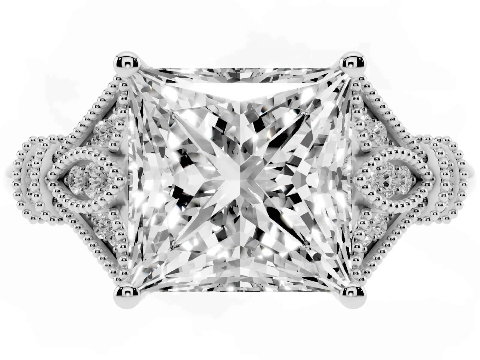 Princess Cut Diamond Solitaire Ring with Floral Filigree and Pave Accents Platinum