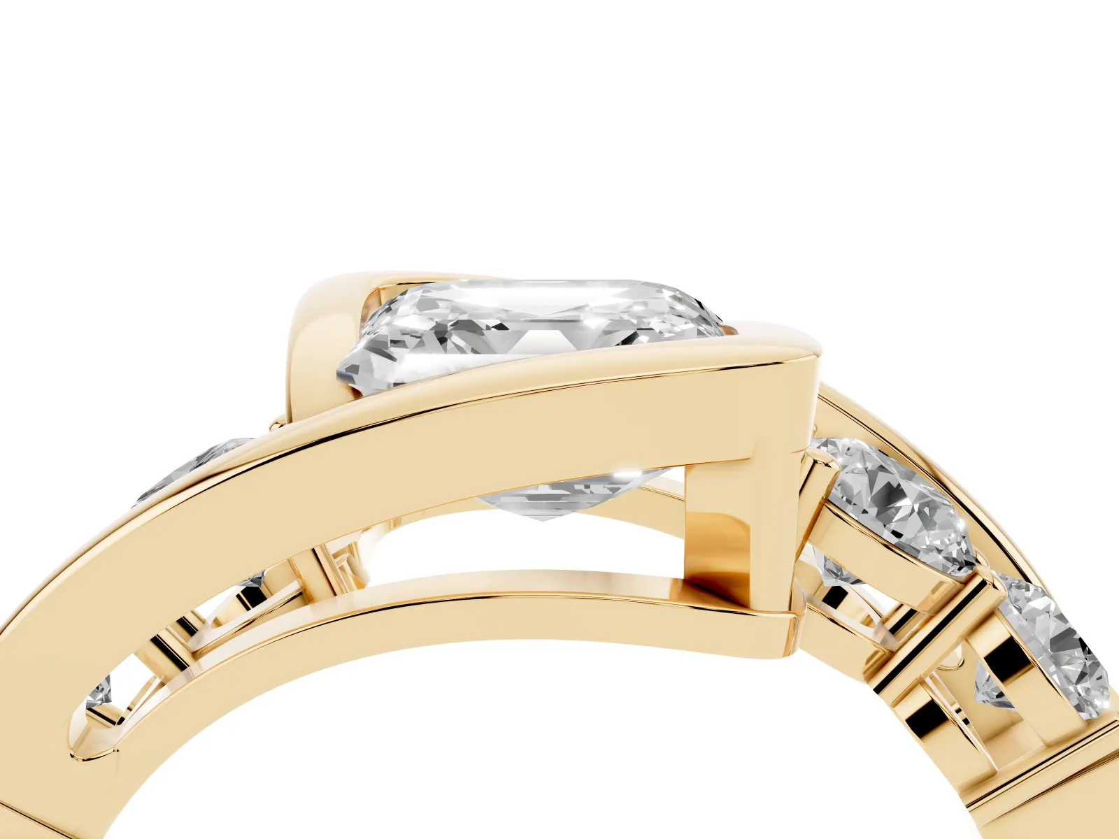Bezel Set Asscher Cut Diamond Bypass Ring with Round Accents Yellow gold