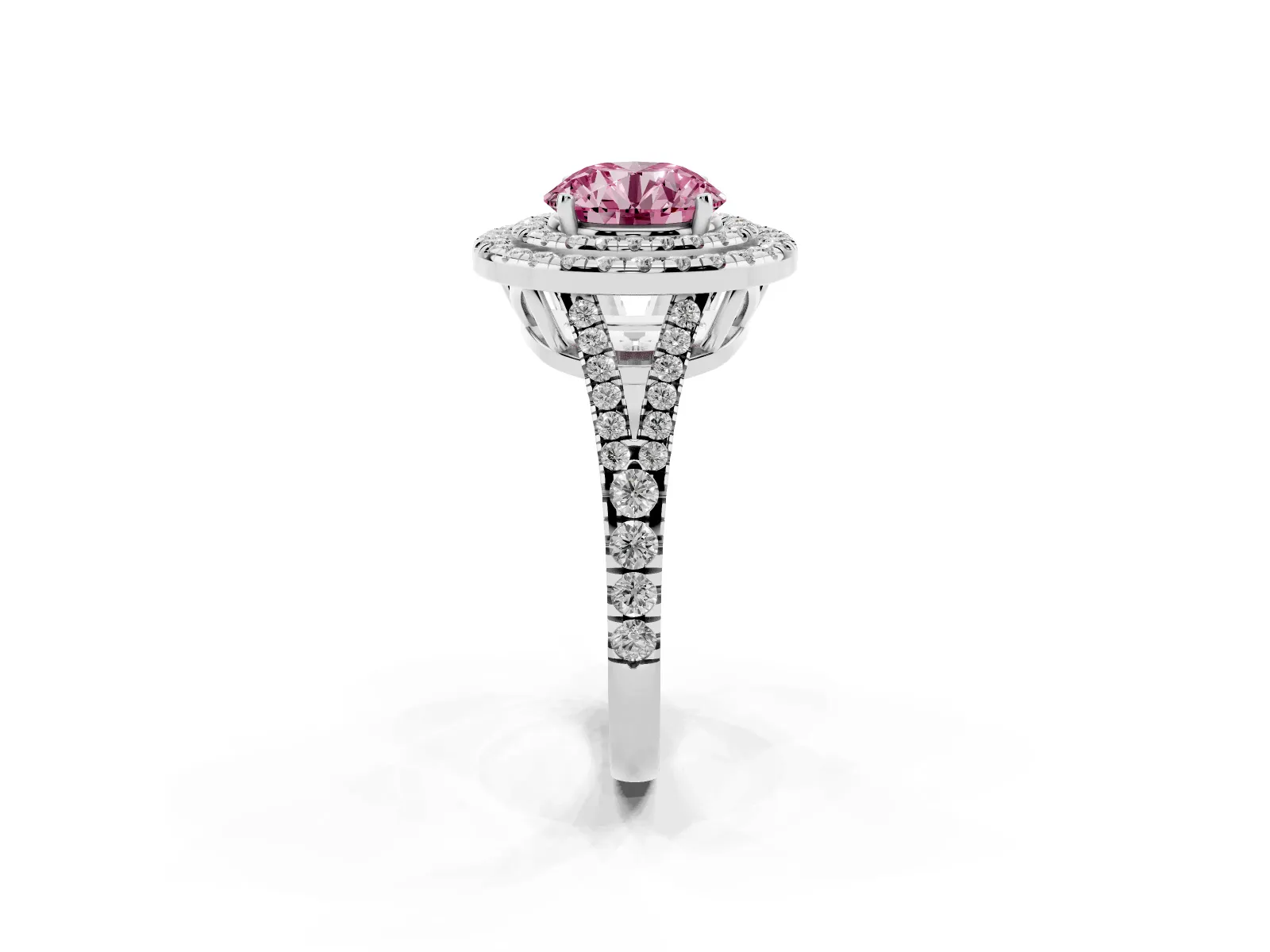 Fancy Pink Round Cut Diamond Double Halo Ring with Pavé Band and Prong Setting Platinum