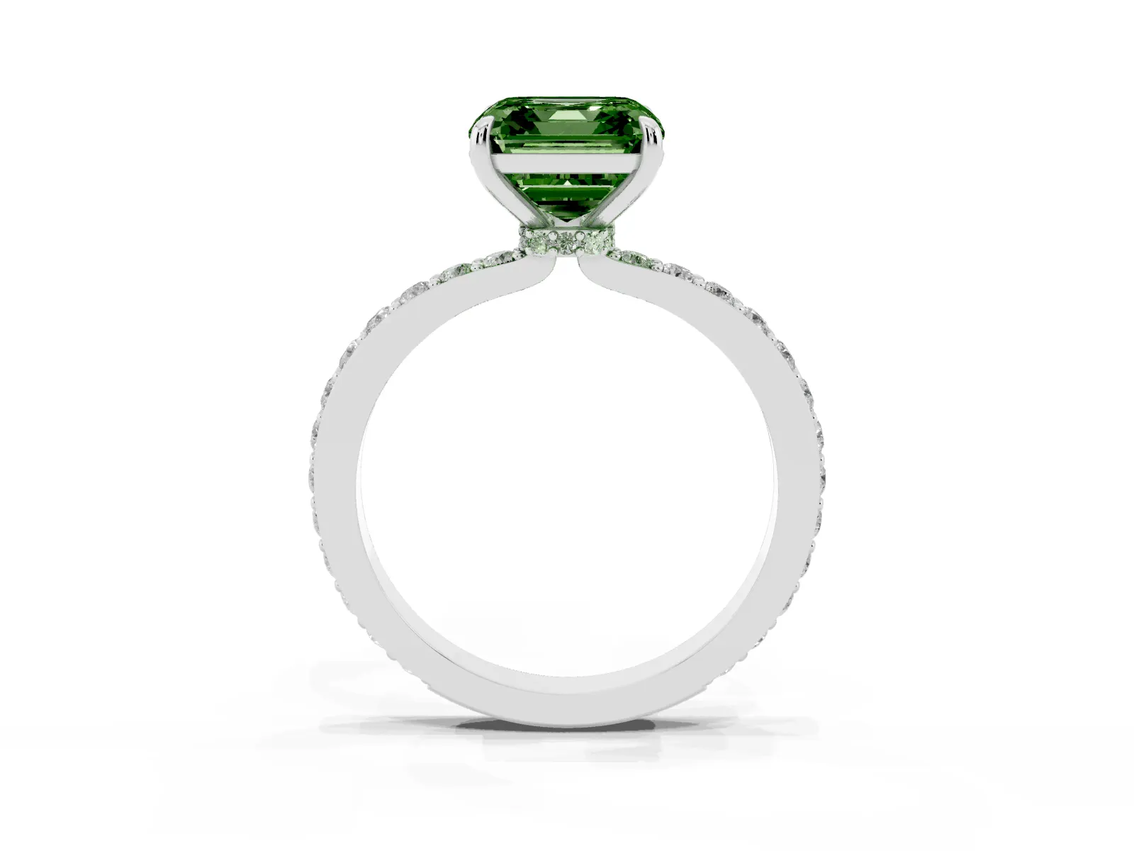 Fancy Green Asscher Cut Diamond Solitaire Engagement Ring with Pavé Band and Four-Prong Setting White gold